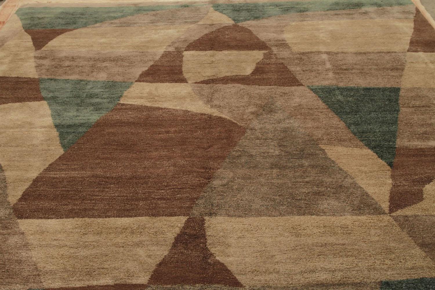 Other Rug & Kilim's Custom Geometric Beige-Brown and Blue Wool and Silk Rug