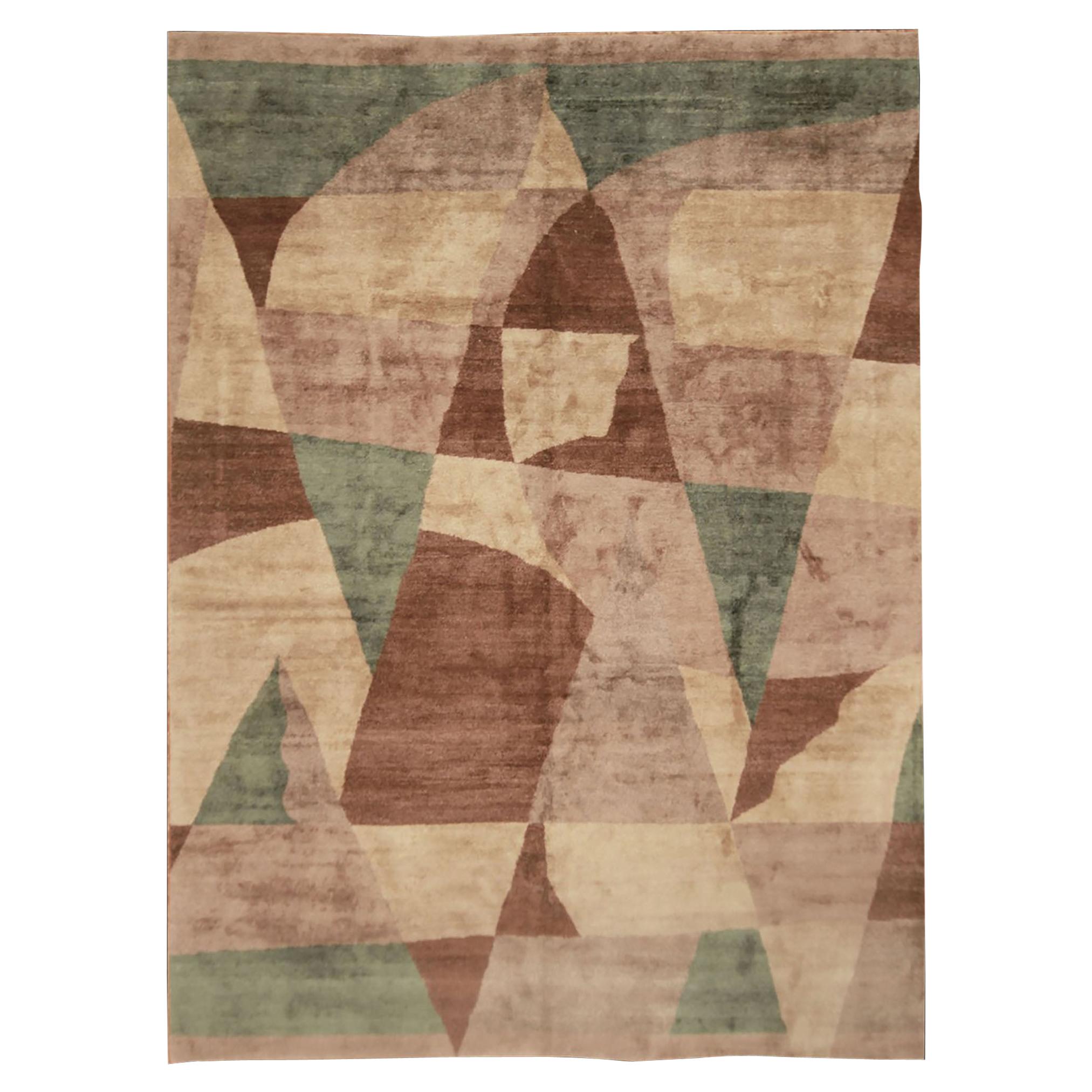 Maßgefertigter geometrischer Teppich aus Wolle und Seide in Beige-Braun und Blau von Teppich & Kelim