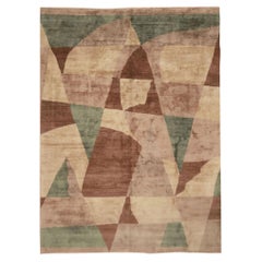 Rug & Kilim's Custom Geometric Beige-Brown and Blue Wool and Silk Rug