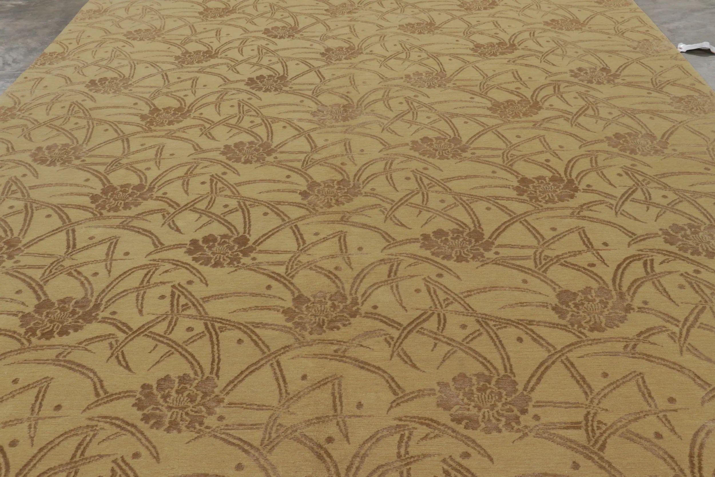 Rug & Kilim's Custom Geometric Floral Beige Brown and Gold Wool and Silk Rug (Moderne) im Angebot