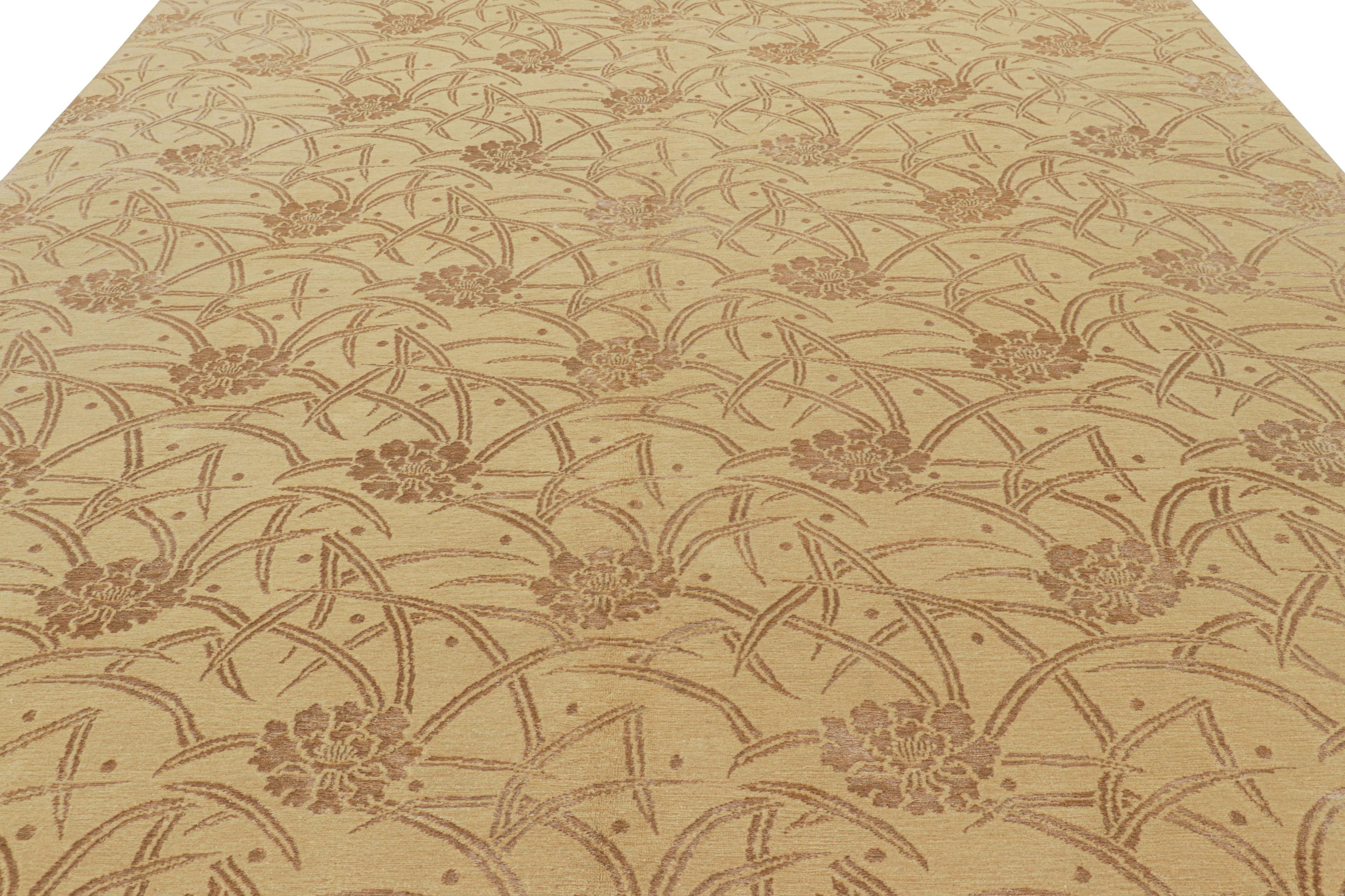 Originating from Nepal, this modern rug is hand knotted with both high quality wool and lustrous bamboo silk. The all-over field design portrays an uncommonly seamless geometric-floral repetition for modern pieces, intentionally mirroring the visual