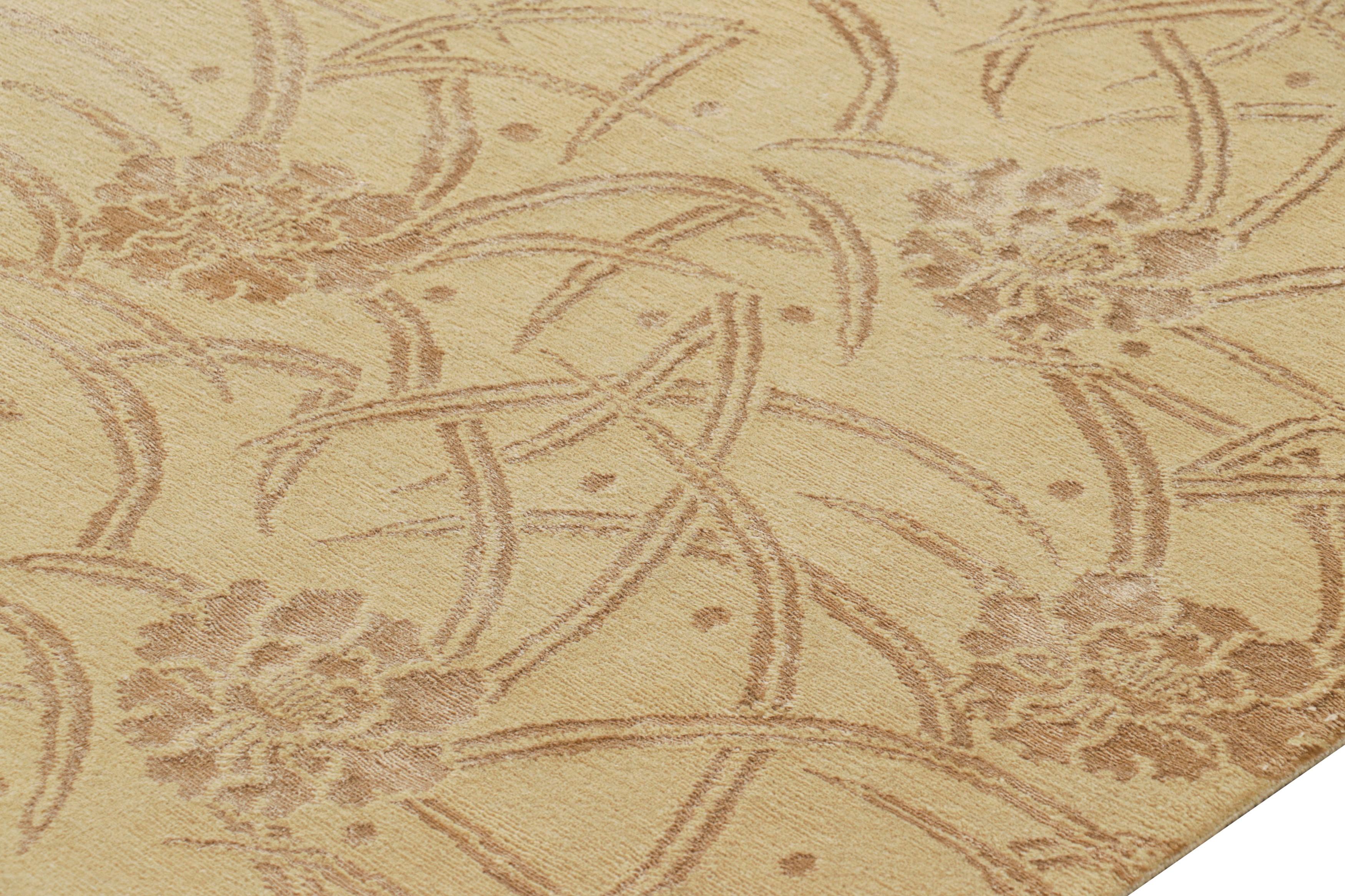 Modern Rug & Kilim's Custom Geometric Floral Beige Brown and Gold Wool and Silk Rug For Sale