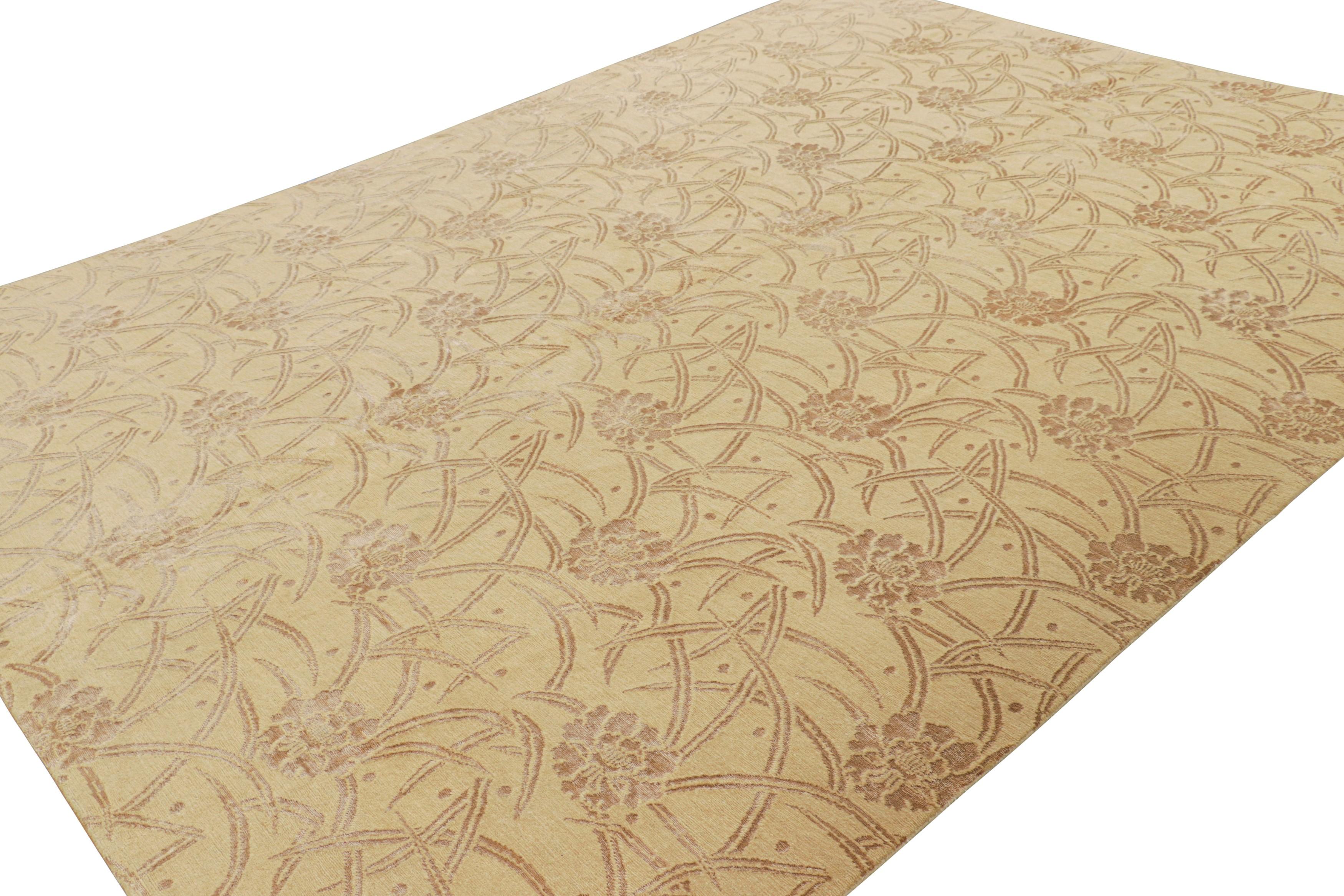 Nepalese Rug & Kilim's Custom Geometric Floral Beige Brown and Gold Wool and Silk Rug For Sale