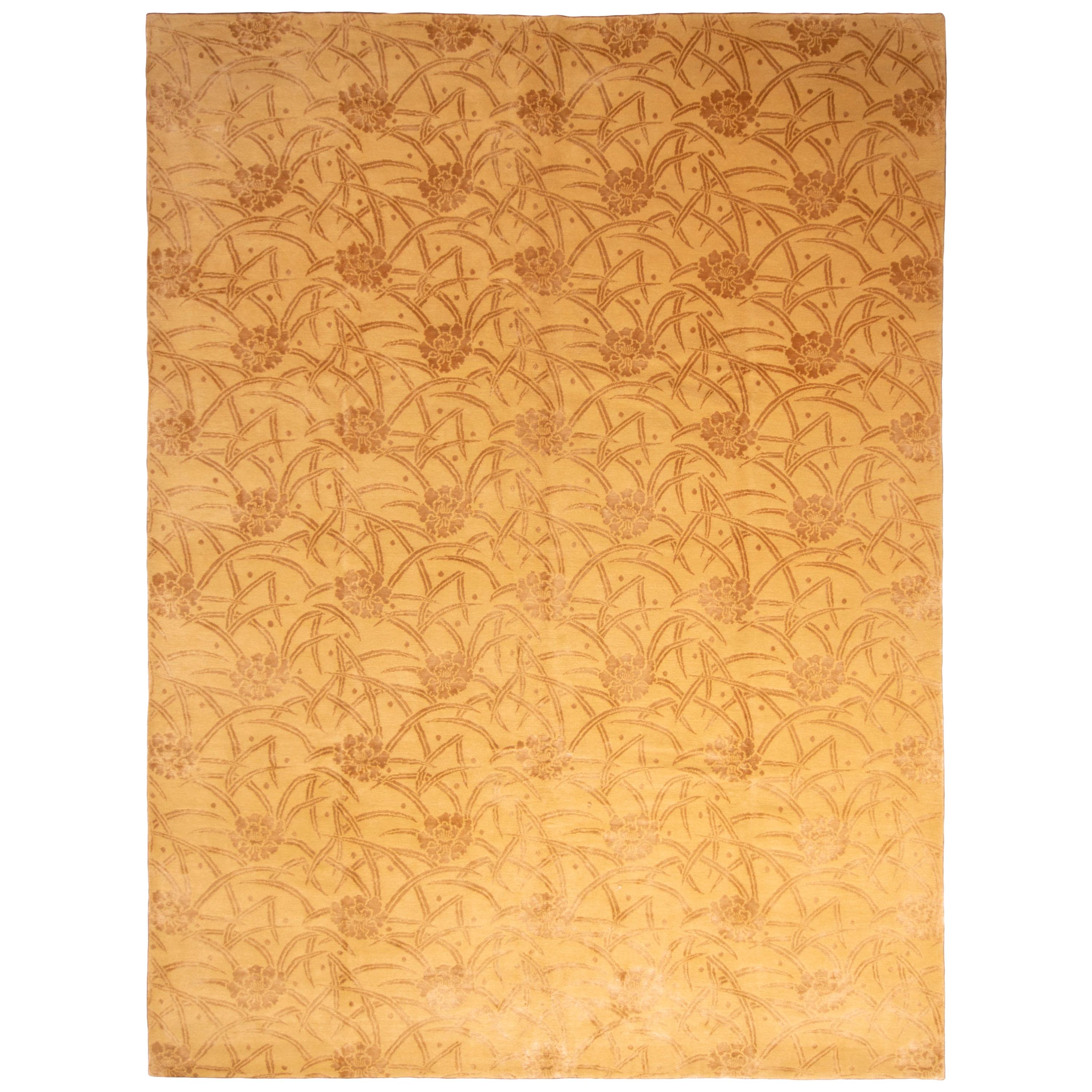 Rug & Kilim's Custom Geometric Floral Beige Brown and Gold Wool and Silk Rug