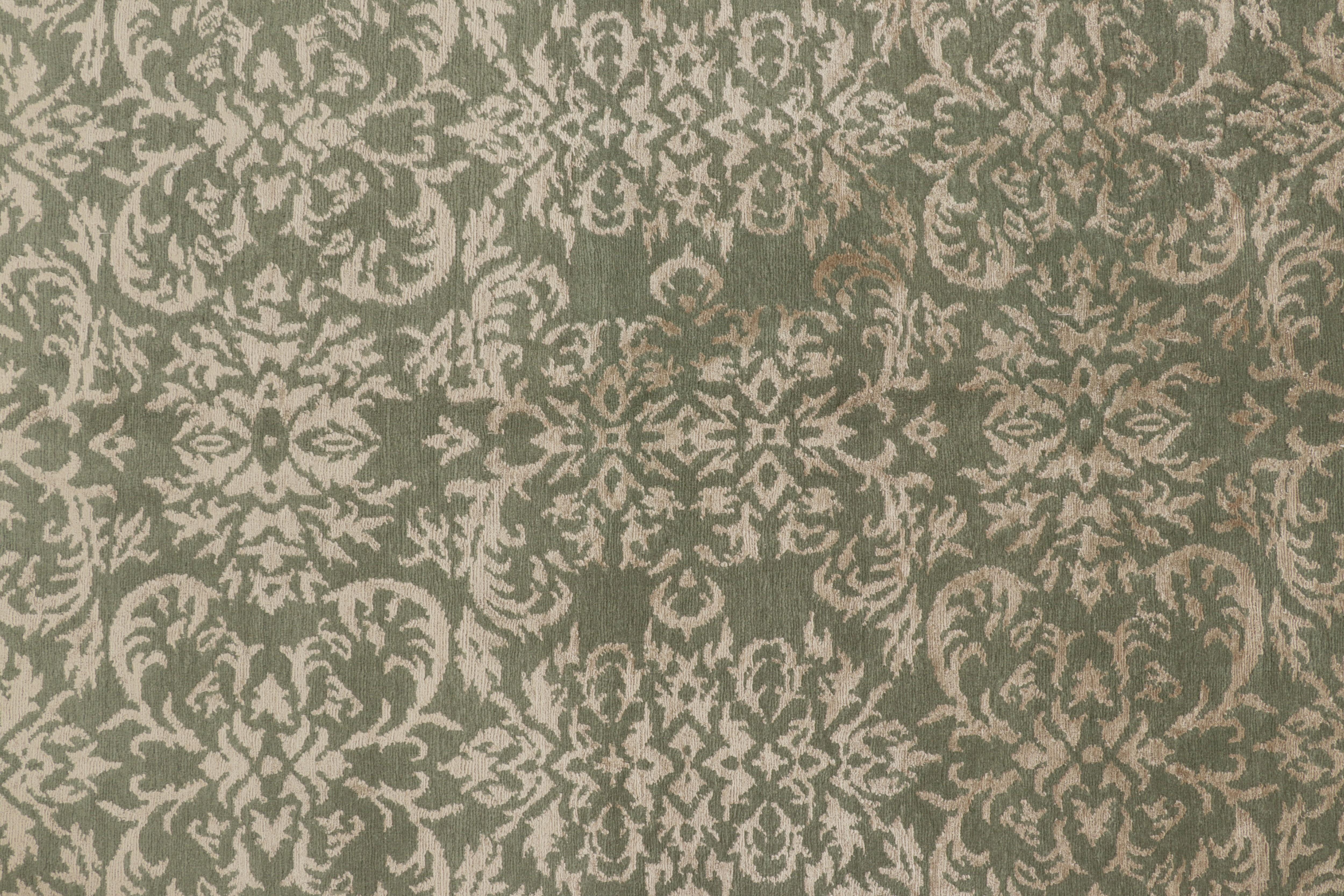 Other Rug & Kilim's Custom Geometric Floral Green & Beige-Gold Wool and Silk Rug For Sale