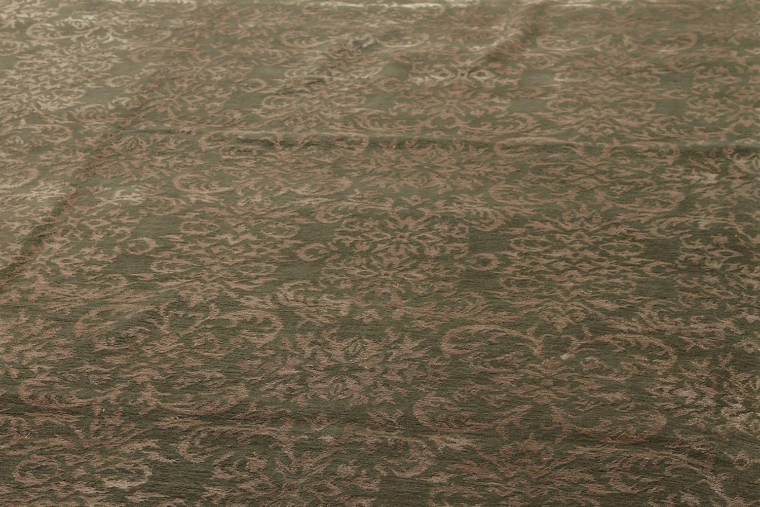 Nepalese Rug & Kilim's Custom Geometric Floral Green & Beige-Gold Wool and Silk Rug For Sale