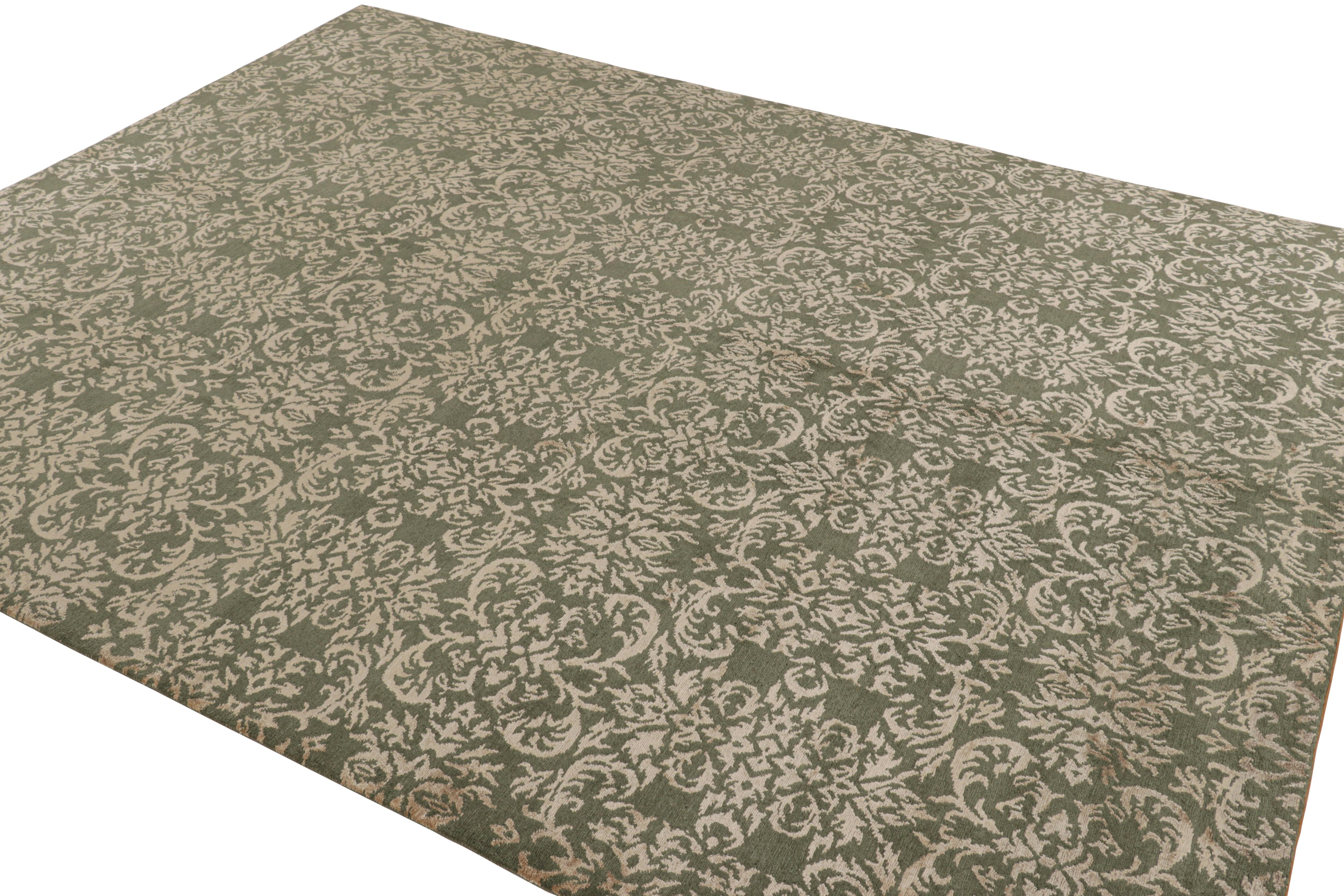 Nepalese Rug & Kilim's Custom Geometric Floral Green & Beige-Gold Wool and Silk Rug For Sale