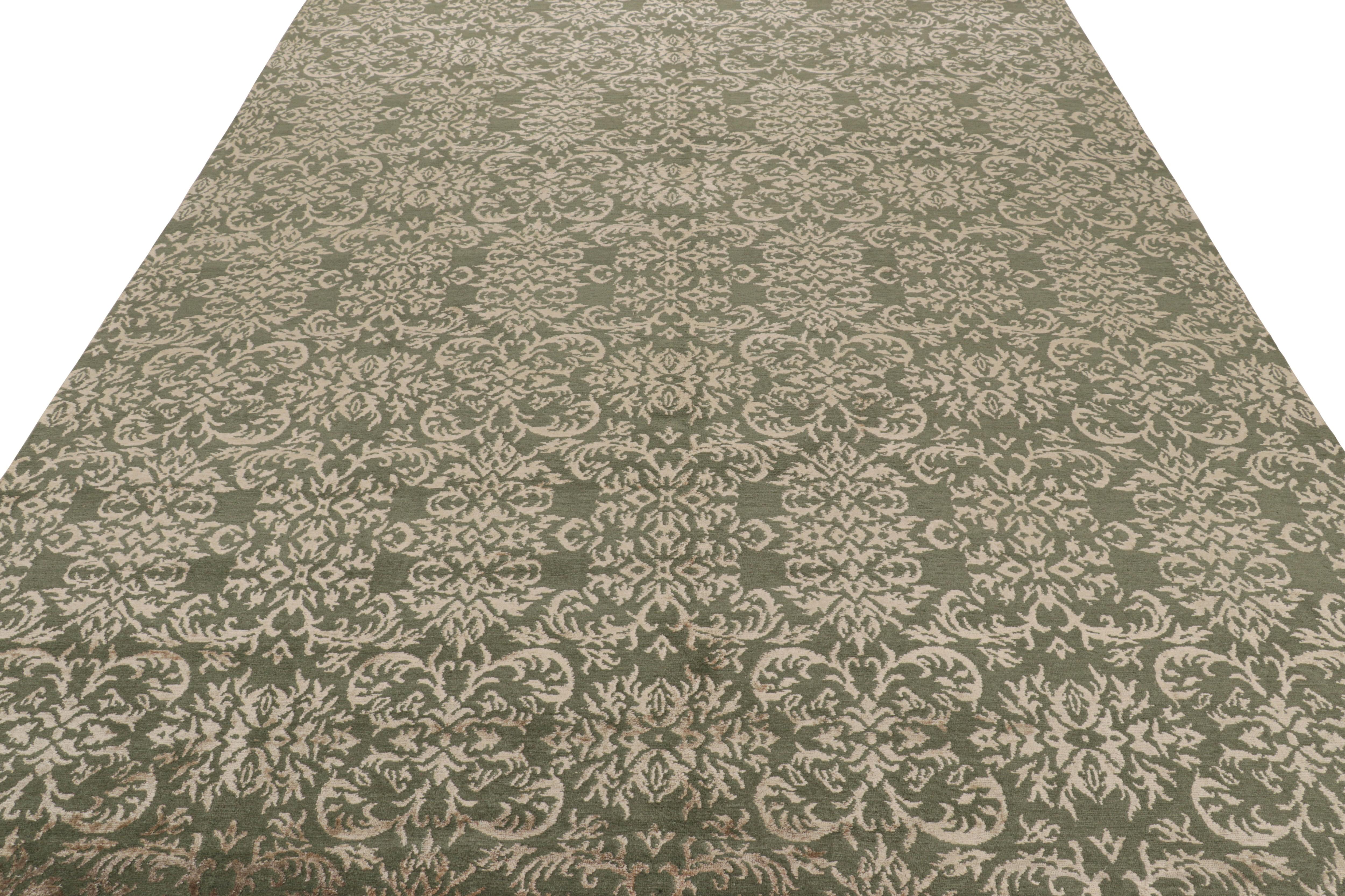 Hand-Knotted Rug & Kilim's Custom Geometric Floral Green & Beige-Gold Wool and Silk Rug For Sale