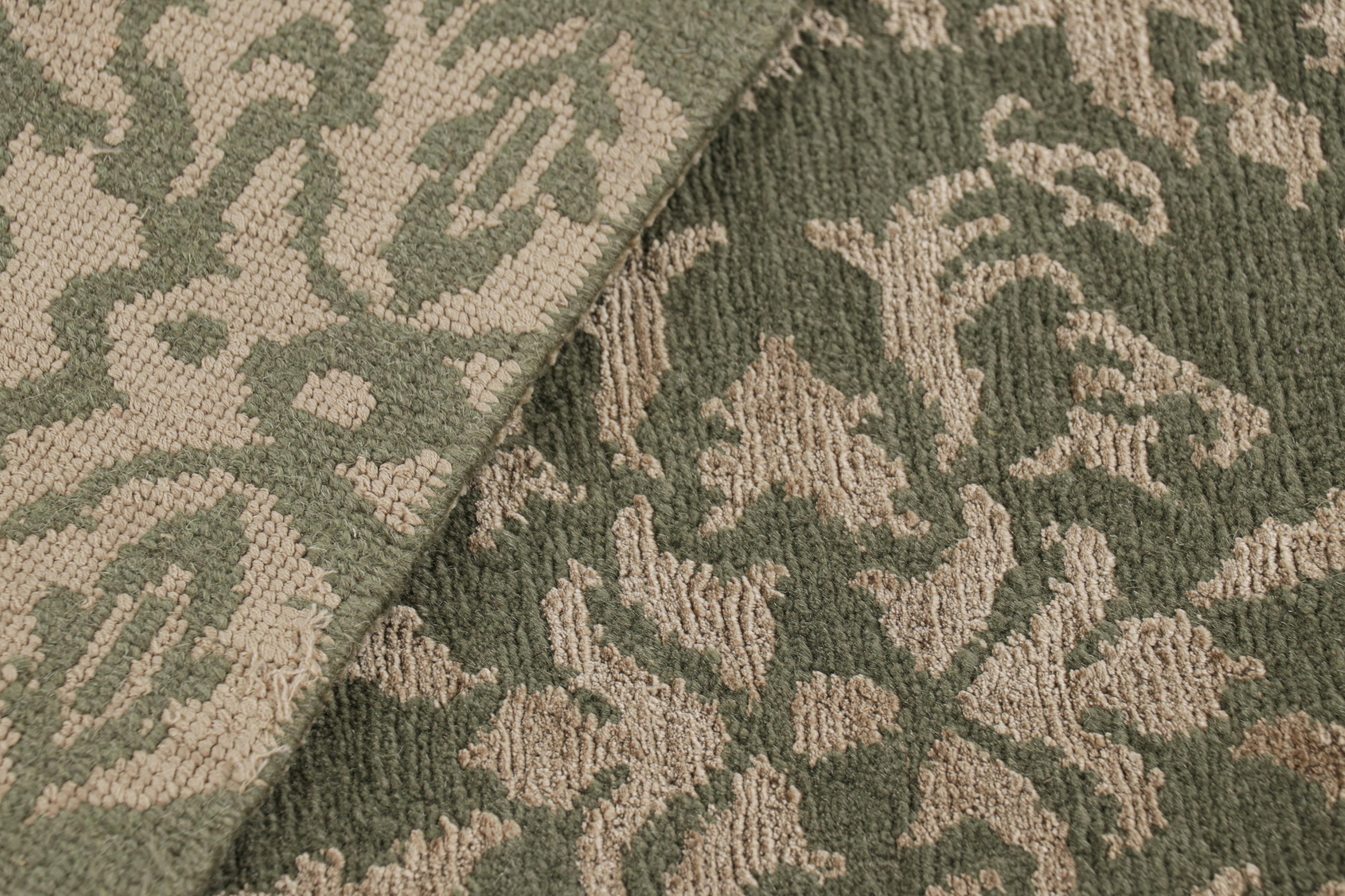 Contemporary Rug & Kilim's Custom Geometric Floral Green & Beige-Gold Wool and Silk Rug For Sale