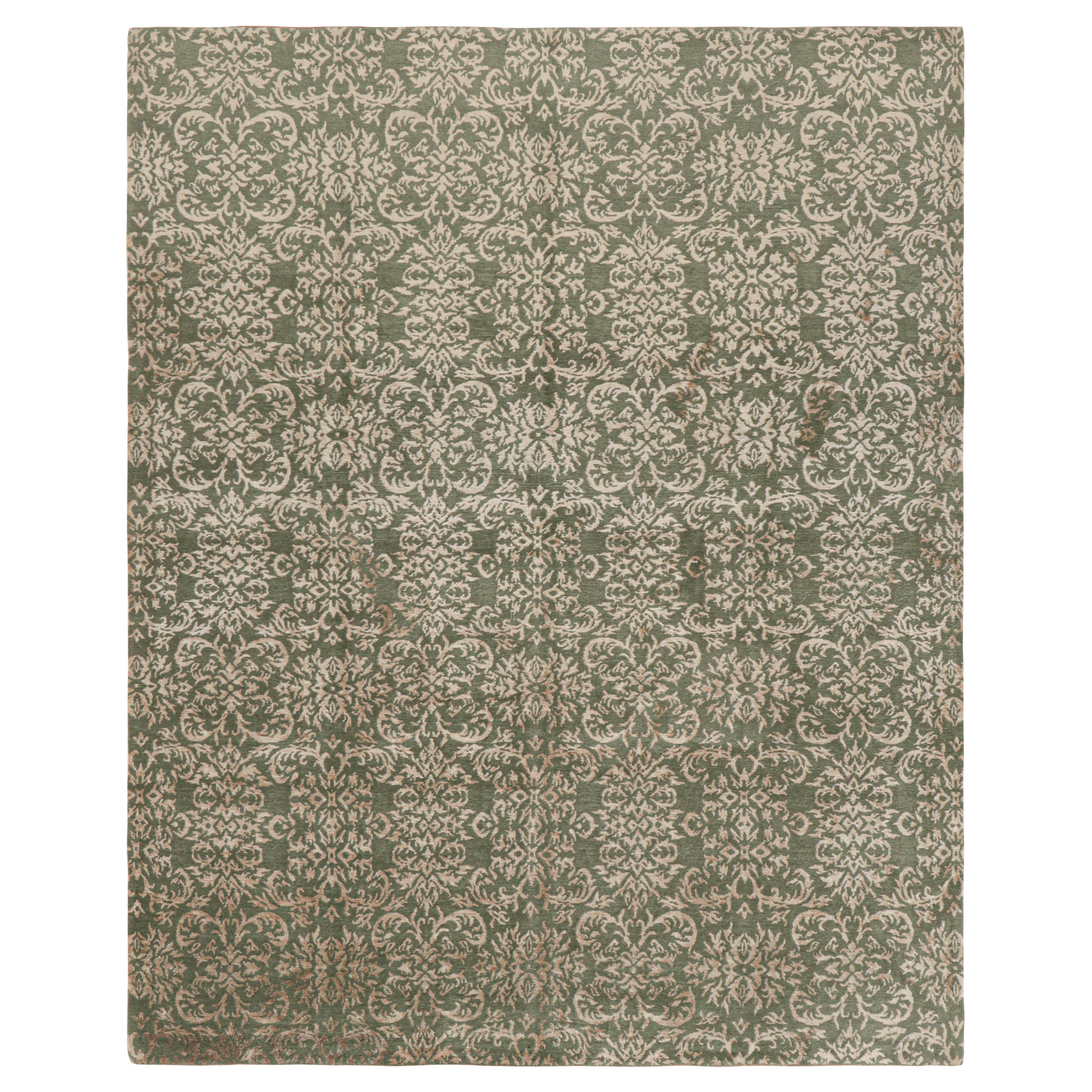 Rug & Kilim's Custom Geometric Floral Green & Beige-Gold Wool and Silk Rug