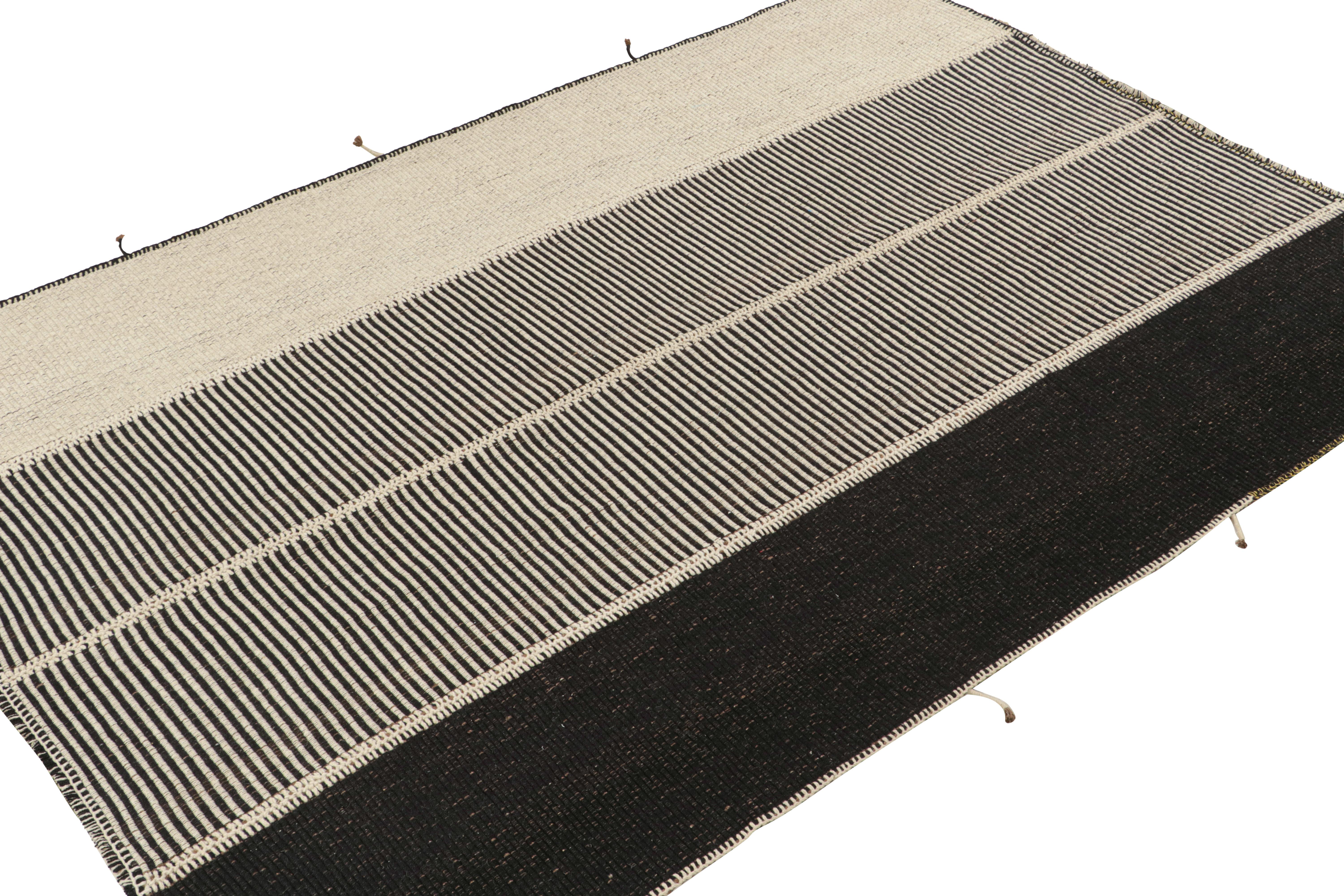 Modern Rug & Kilim’s Custom Kilim Design with Beige-Brown, Black and Off-White Stripes For Sale