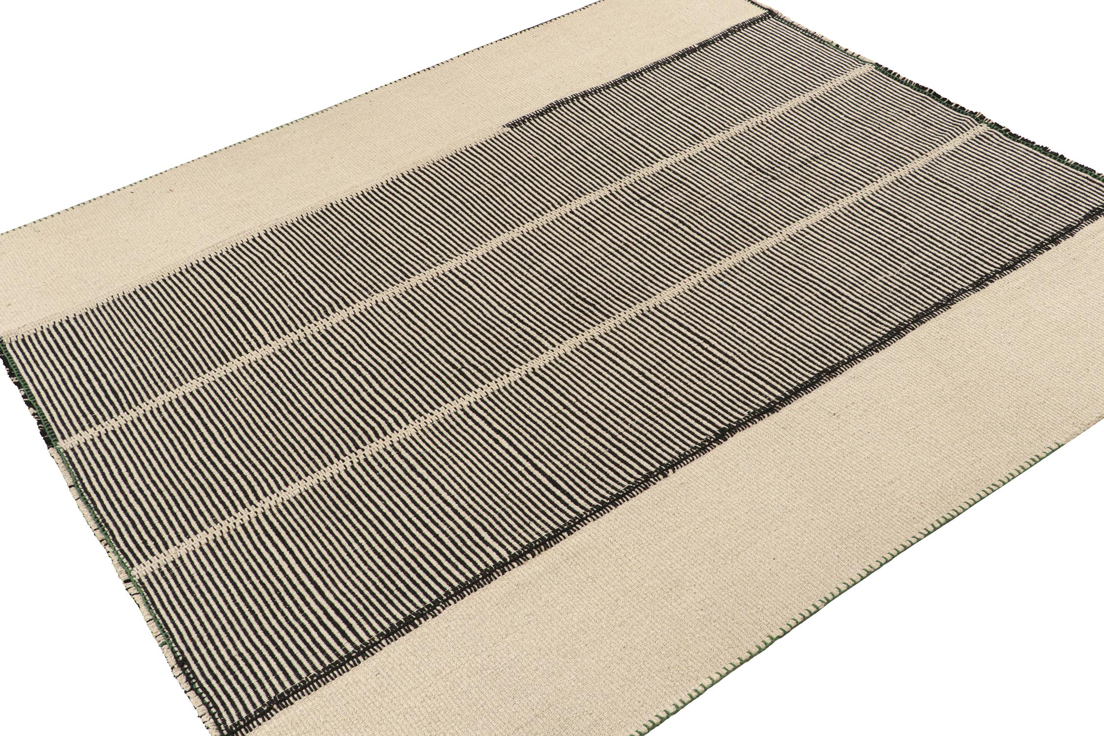 Modern Rug & Kilim’s Custom Kilim Design with Beige-Brown, Black and Off-White Stripes For Sale