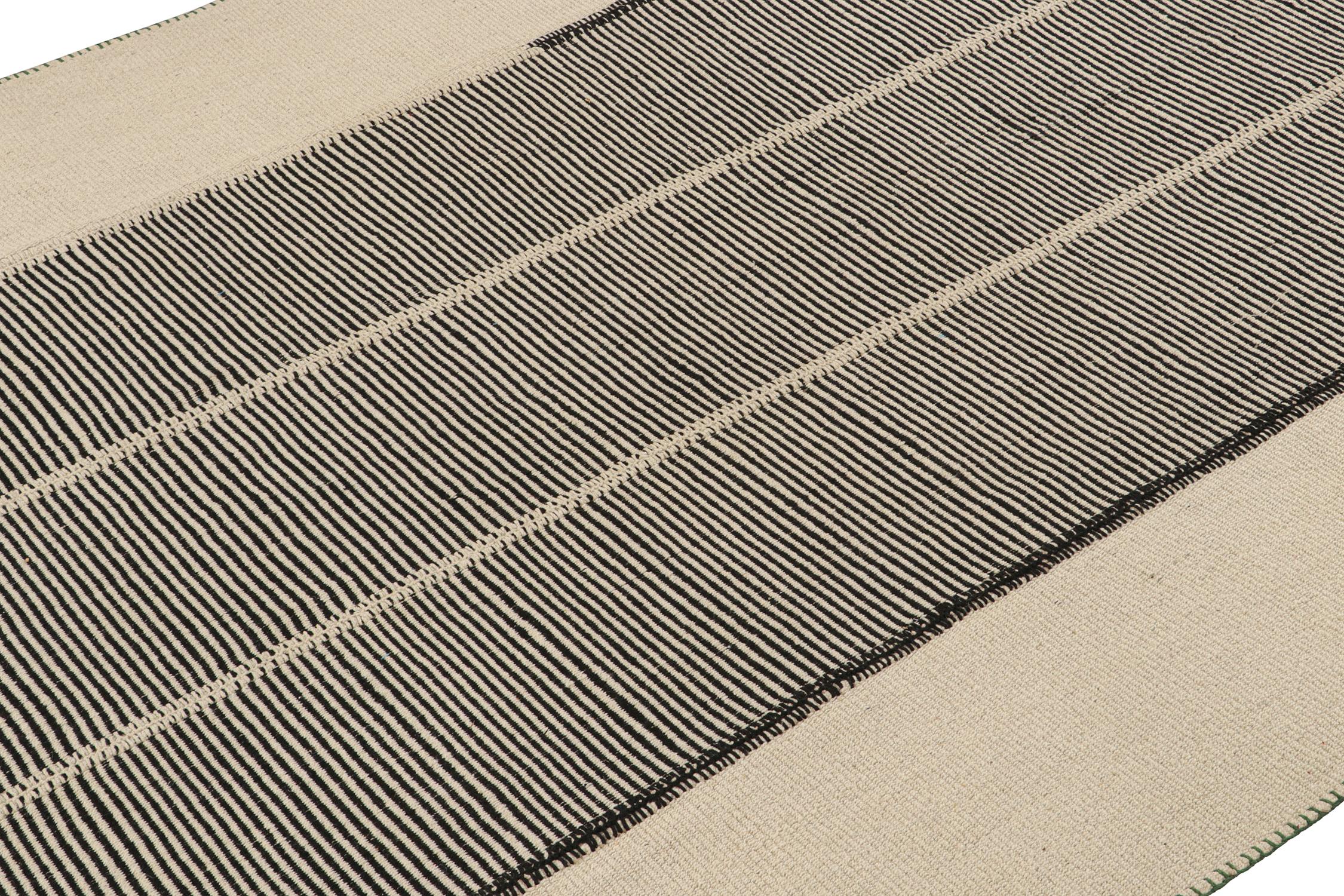 Persian Rug & Kilim’s Custom Kilim Design with Beige-Brown, Black and Off-White Stripes For Sale