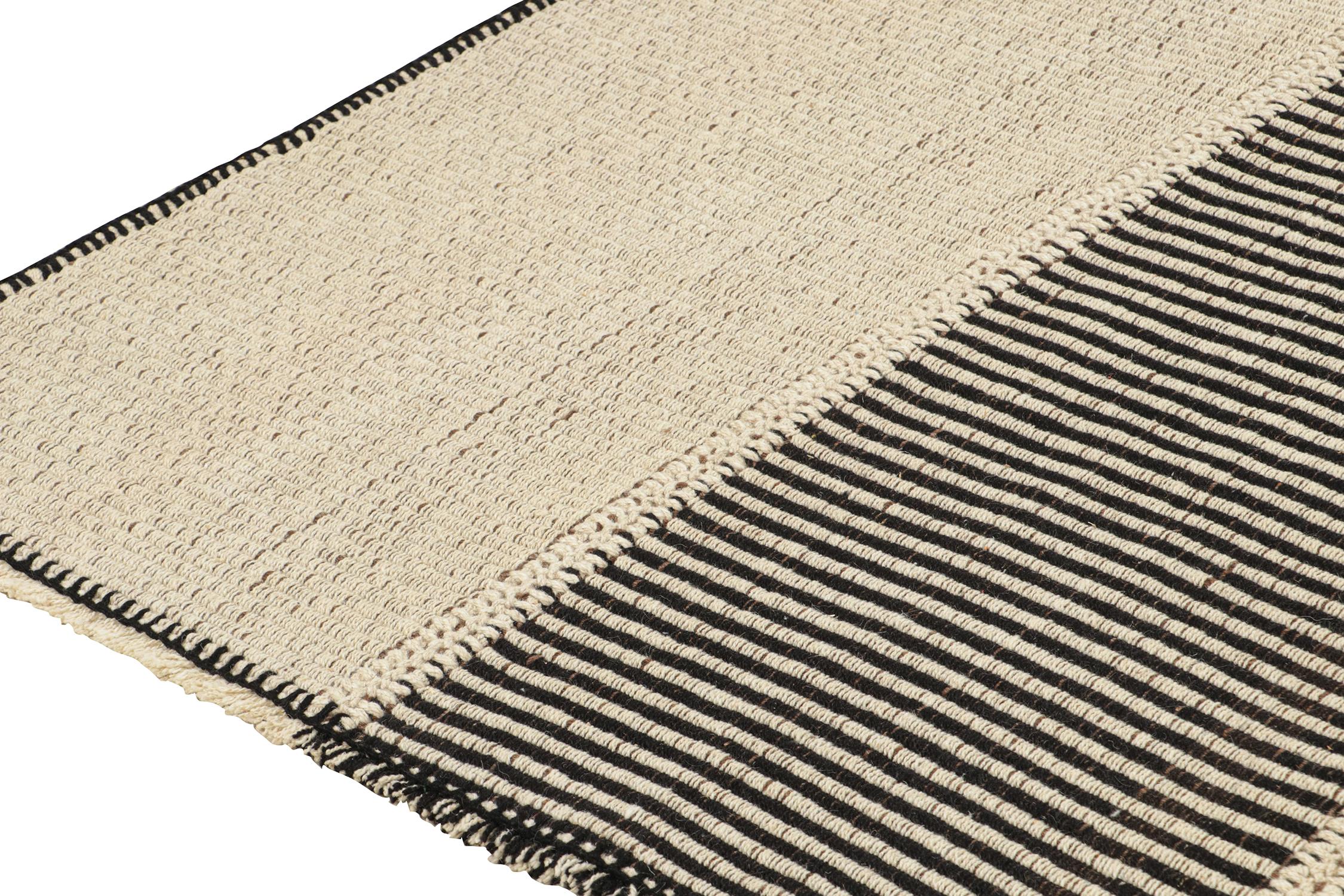 Hand-Knotted Rug & Kilim’s Custom Kilim Design with Beige-Brown, Black and Off-White Stripes For Sale