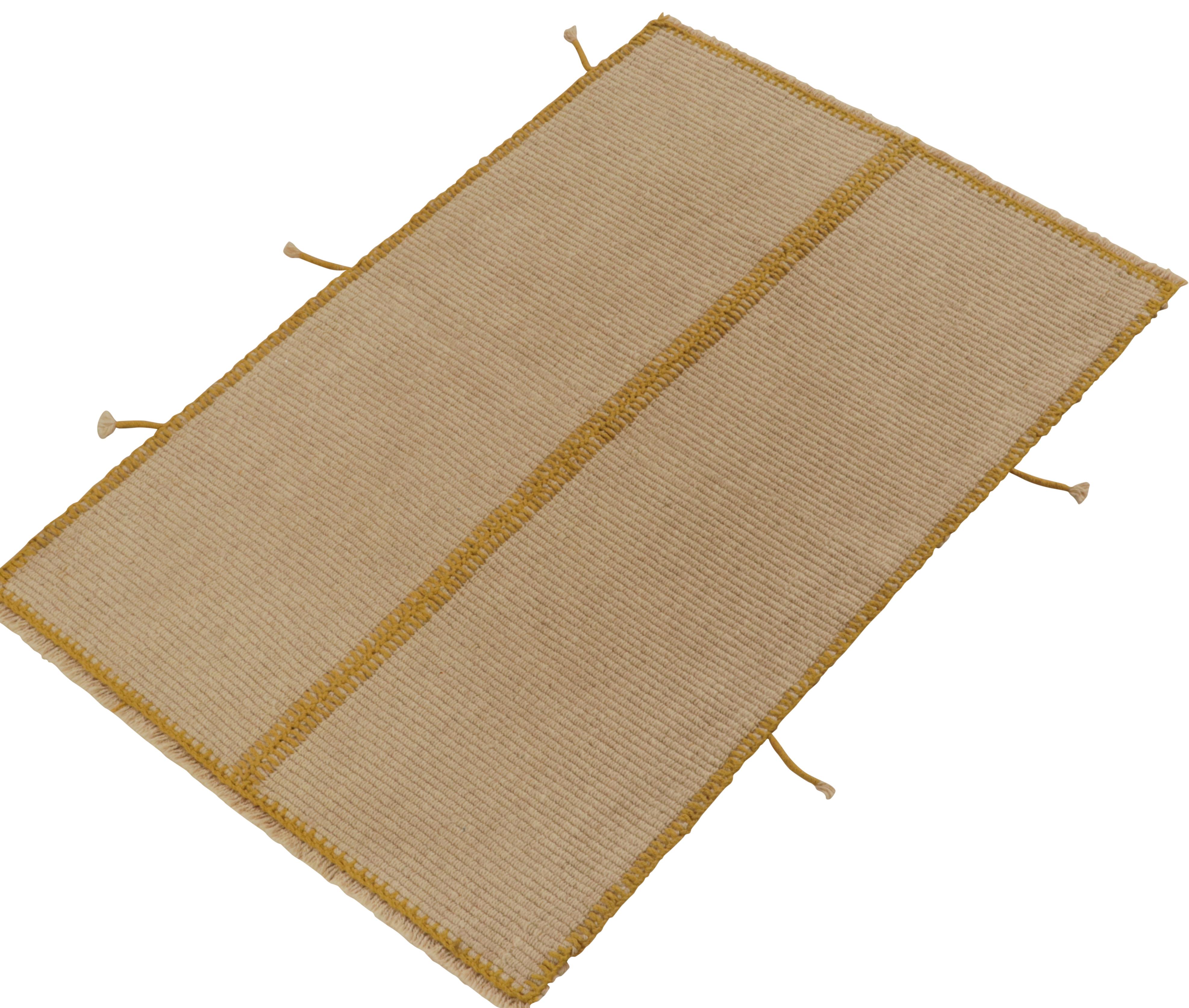 Handwoven in wool, a gift-sized 3x4 Kilim from an innovative new contemporary flat weave collection by Rug & Kilim.

On the Design: The “Rez Kilim” connotes a modern take on classic panel weaving—this edition enjoying warm beige-brown with ochre