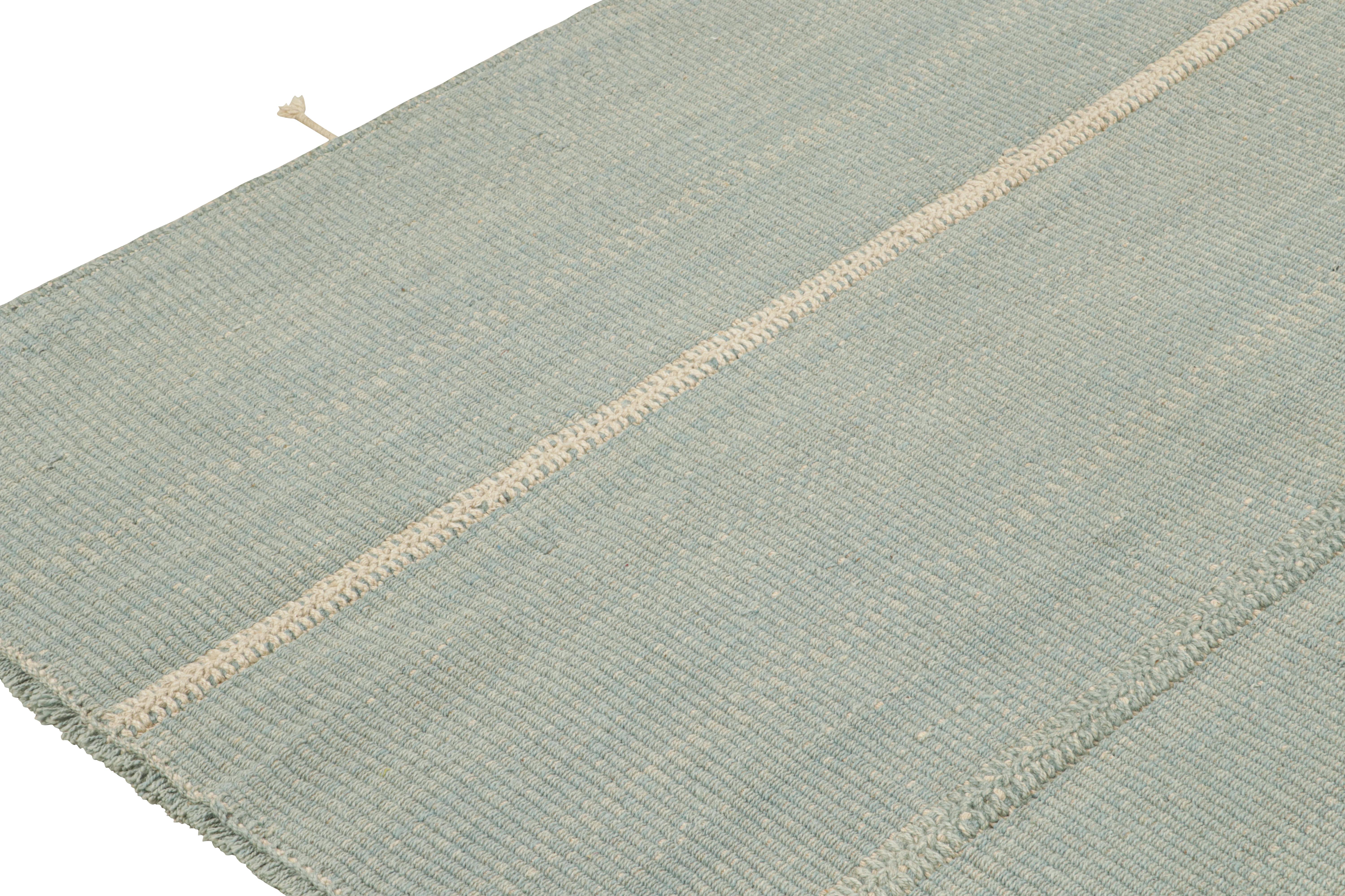 Alfombra personalizada Rug & Kilim de rayas azules y beige Anudado a mano en venta