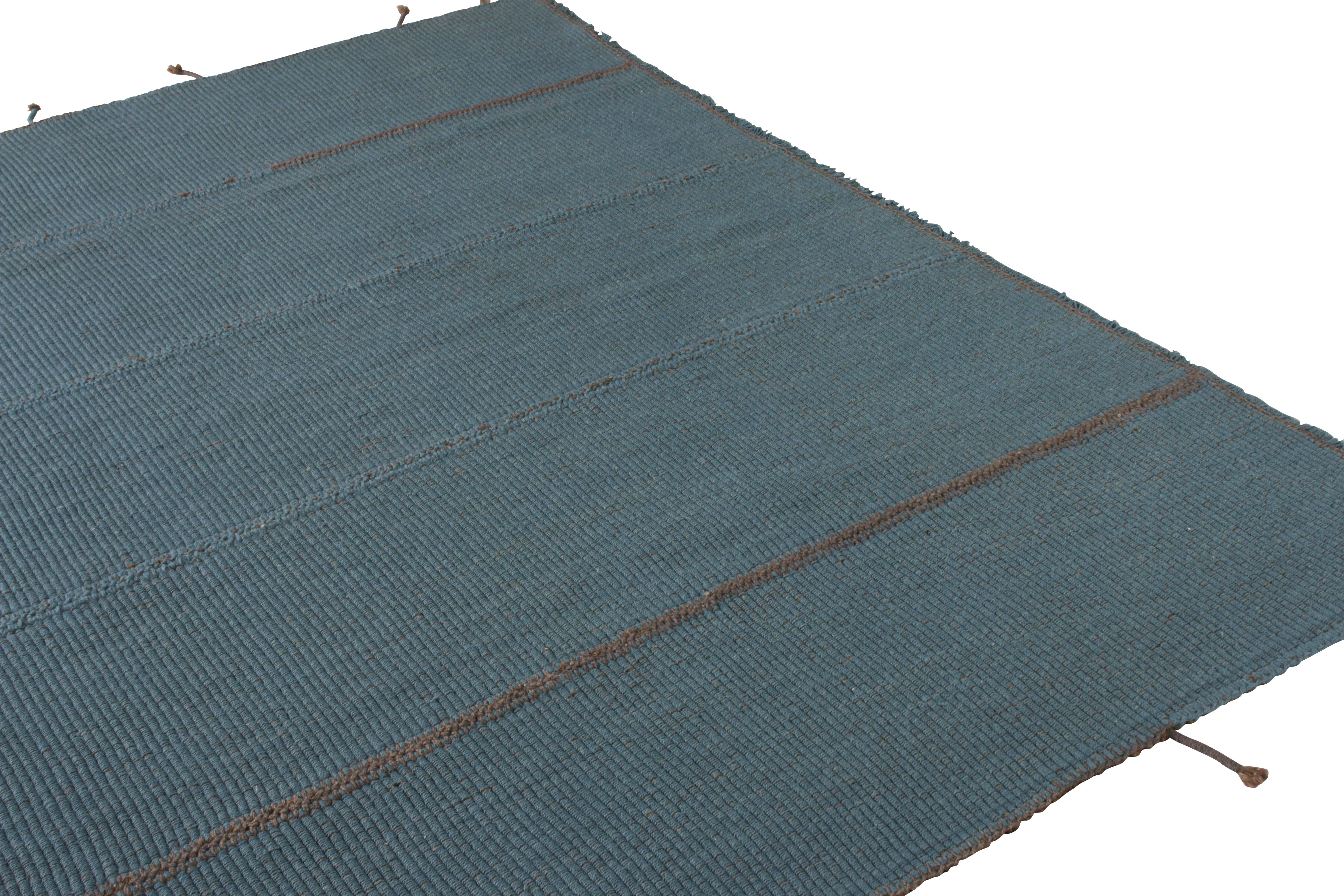 Hand-Knotted Rug & Kilim’s Custom Kilim Rug in Blue Brown Solid Striped Pattern For Sale