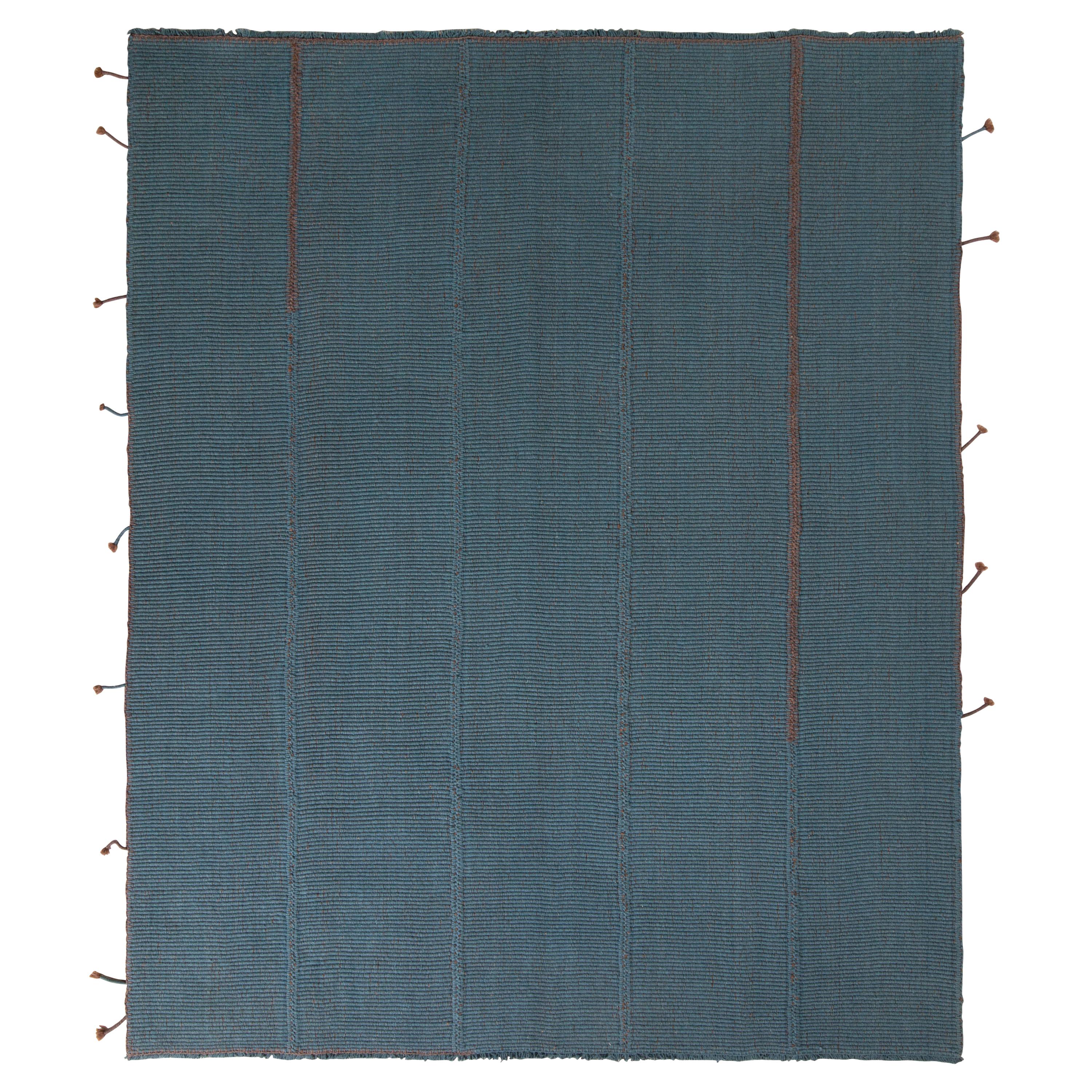 Rug & Kilim’s Custom Kilim Rug in Blue Brown Solid Striped Pattern
