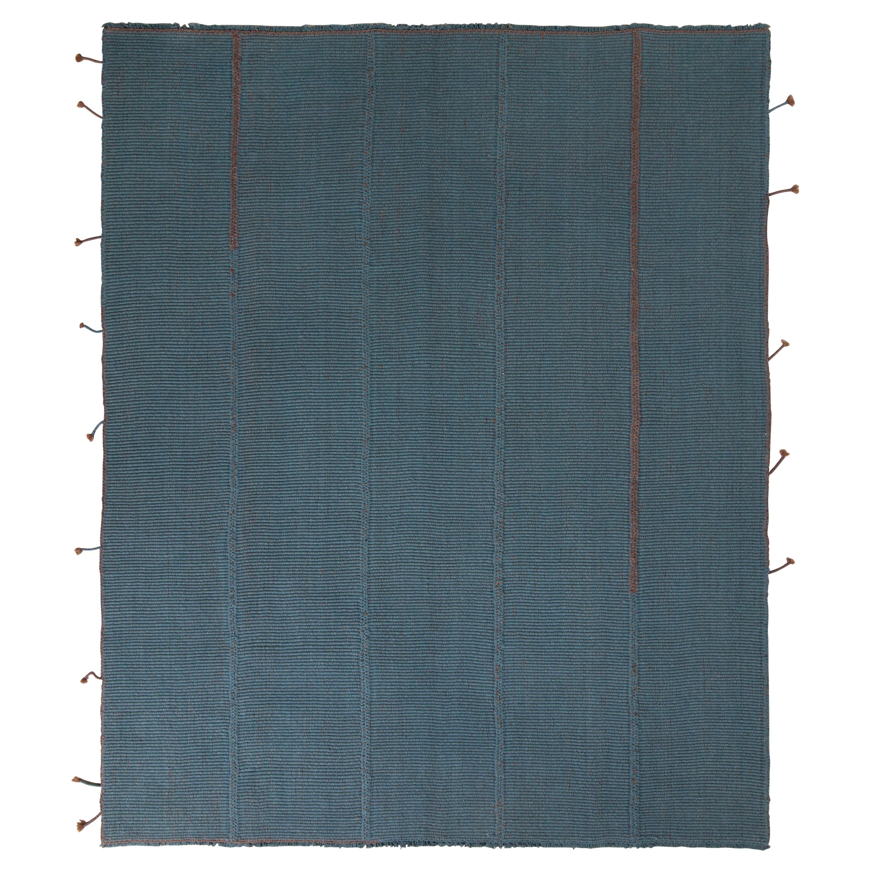 Rug & Kilim’s Custom Kilim Rug in Blue Brown Solid Striped Pattern For Sale