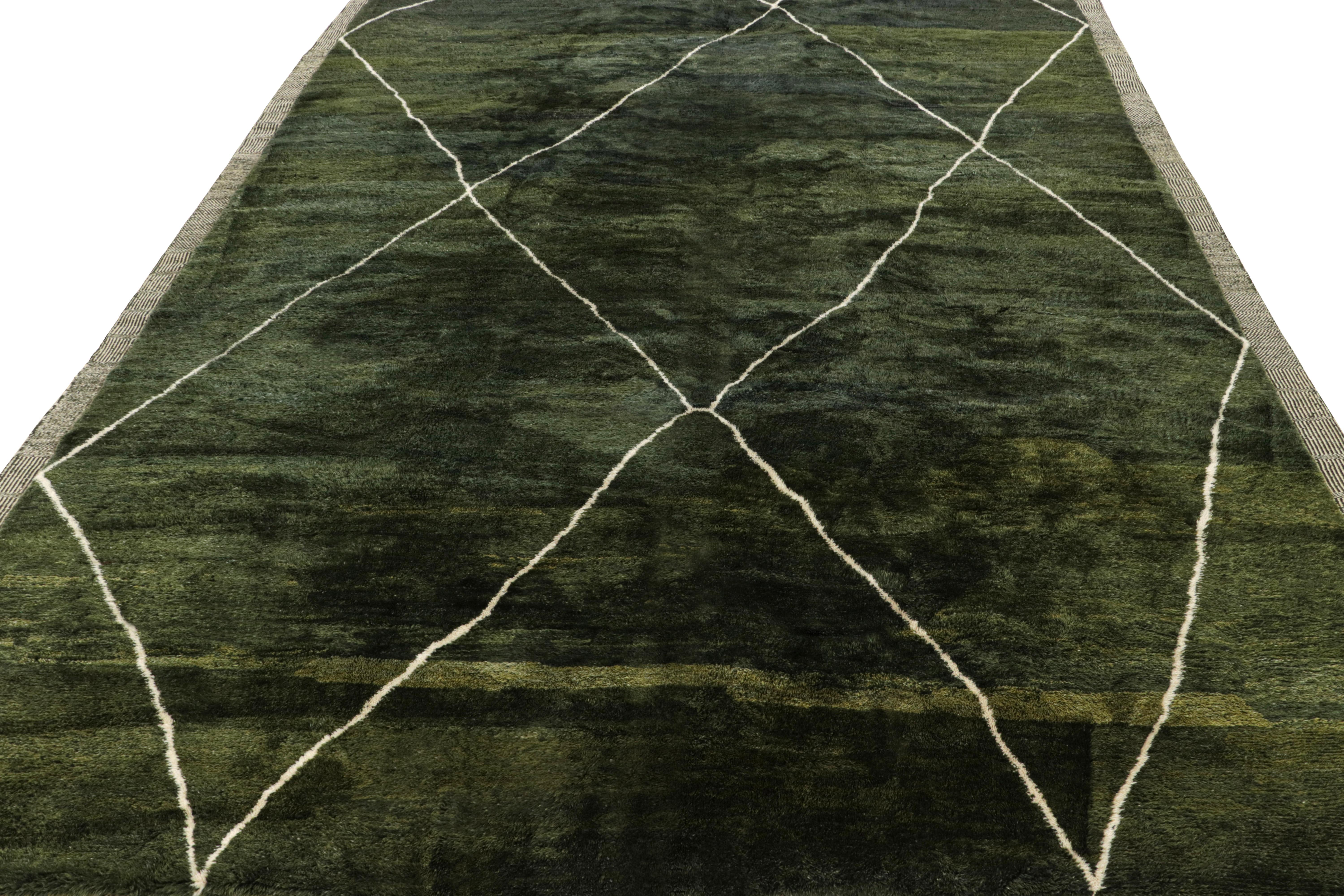 Modern Rug & Kilim’s Custom Moroccan Rug Design in Green with White Lozenge Patterns For Sale