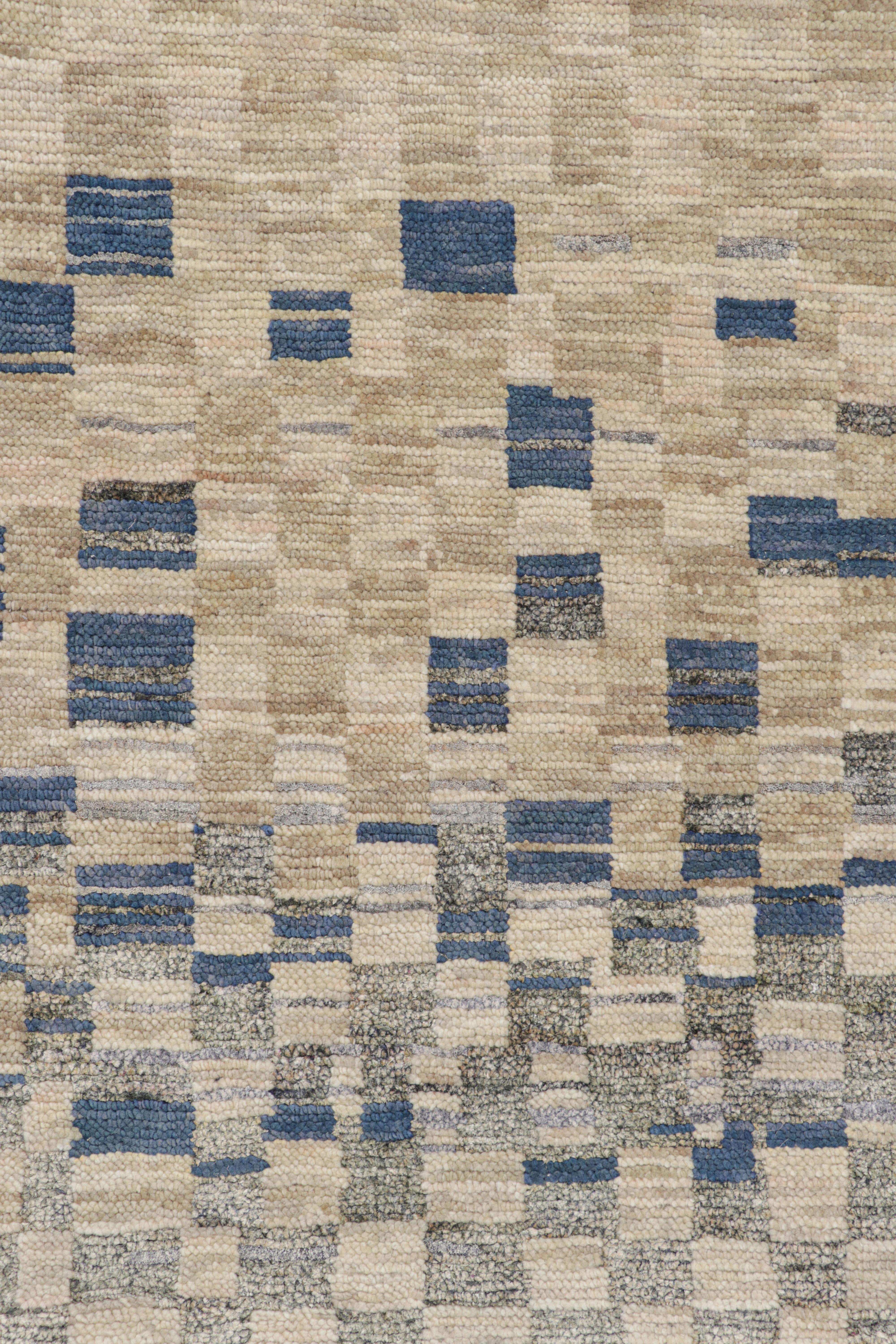 Indian Rug & Kilim’s Custom Moroccan Style rug in Blue, Gray & Beige Geometric Patterns For Sale