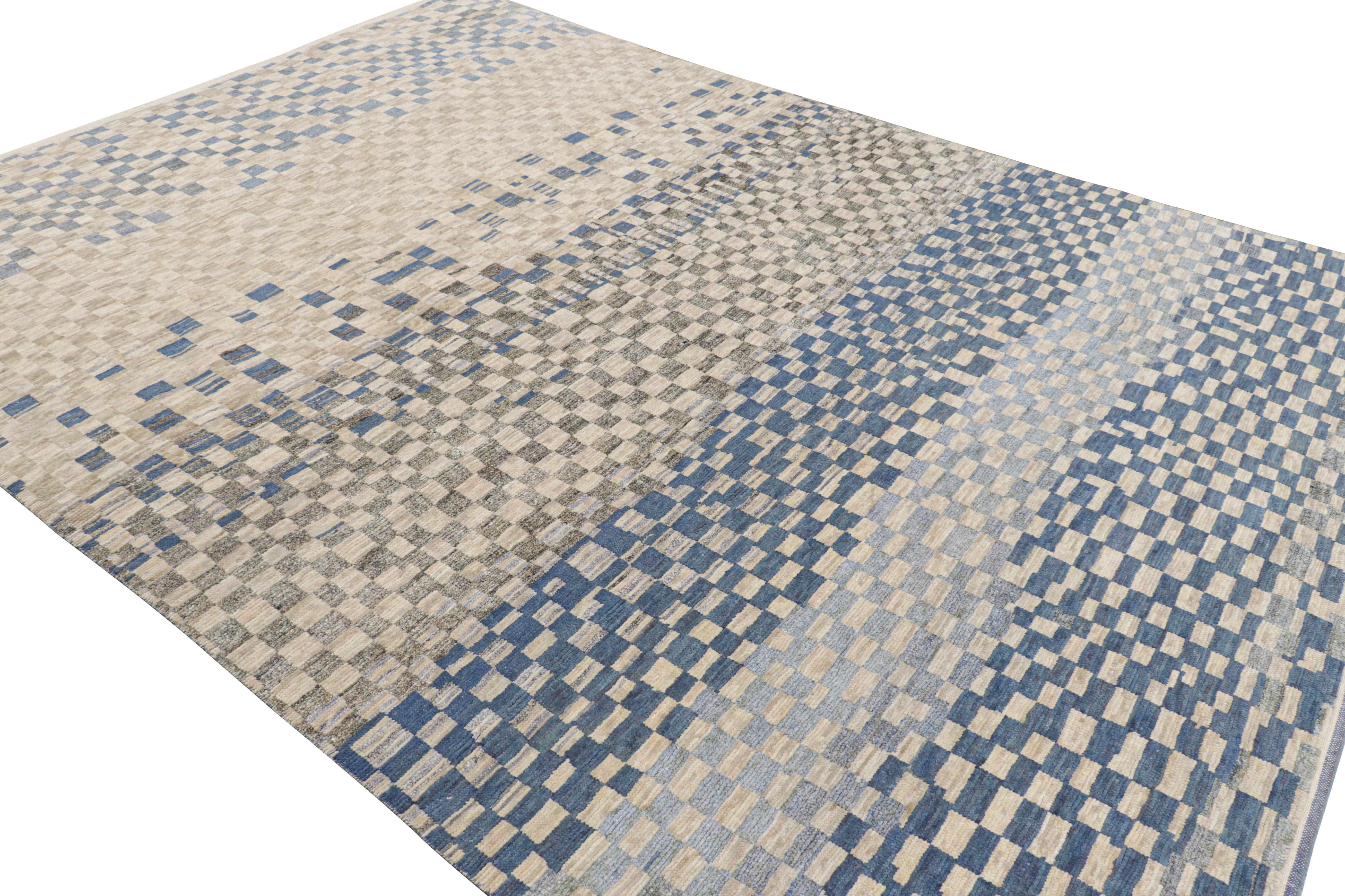 Hand-Knotted Rug & Kilim’s Custom Moroccan Style rug in Blue, Gray & Beige Geometric Patterns For Sale