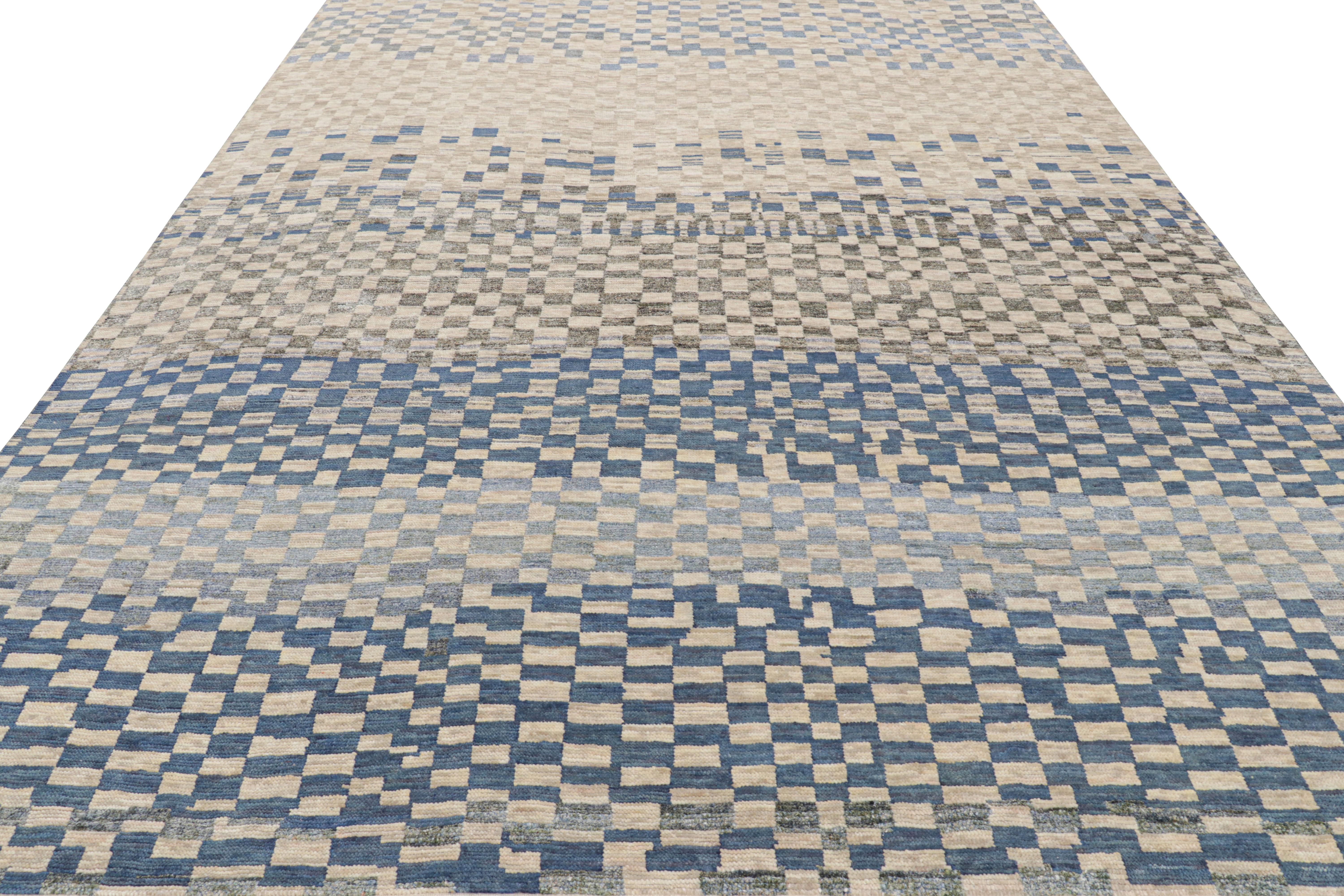 Rug & Kilim’s Custom Moroccan Style rug in Blue, Gray & Beige Geometric Patterns In New Condition For Sale In Long Island City, NY