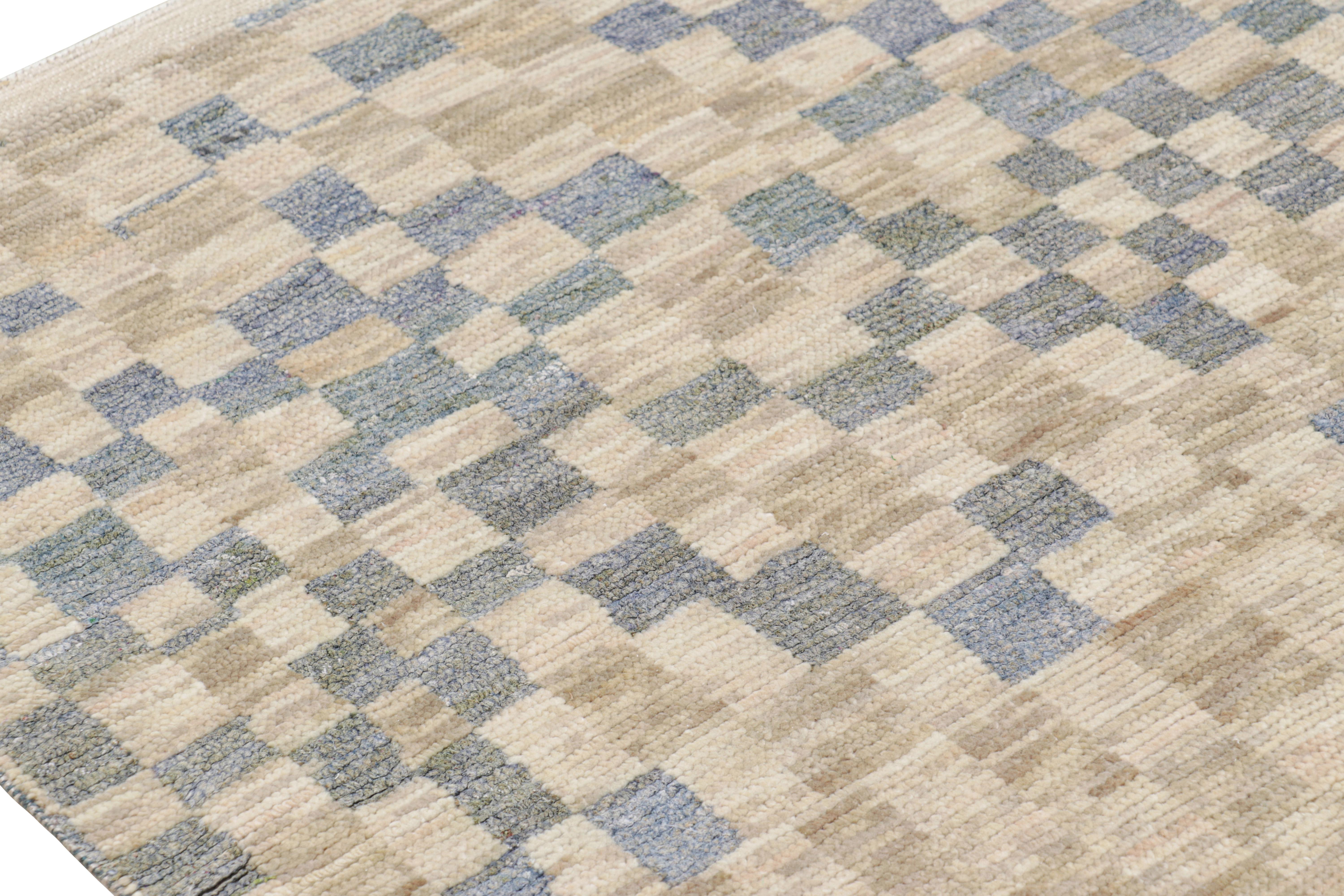 Contemporary Rug & Kilim’s Custom Moroccan Style rug in Blue, Gray & Beige Geometric Patterns For Sale