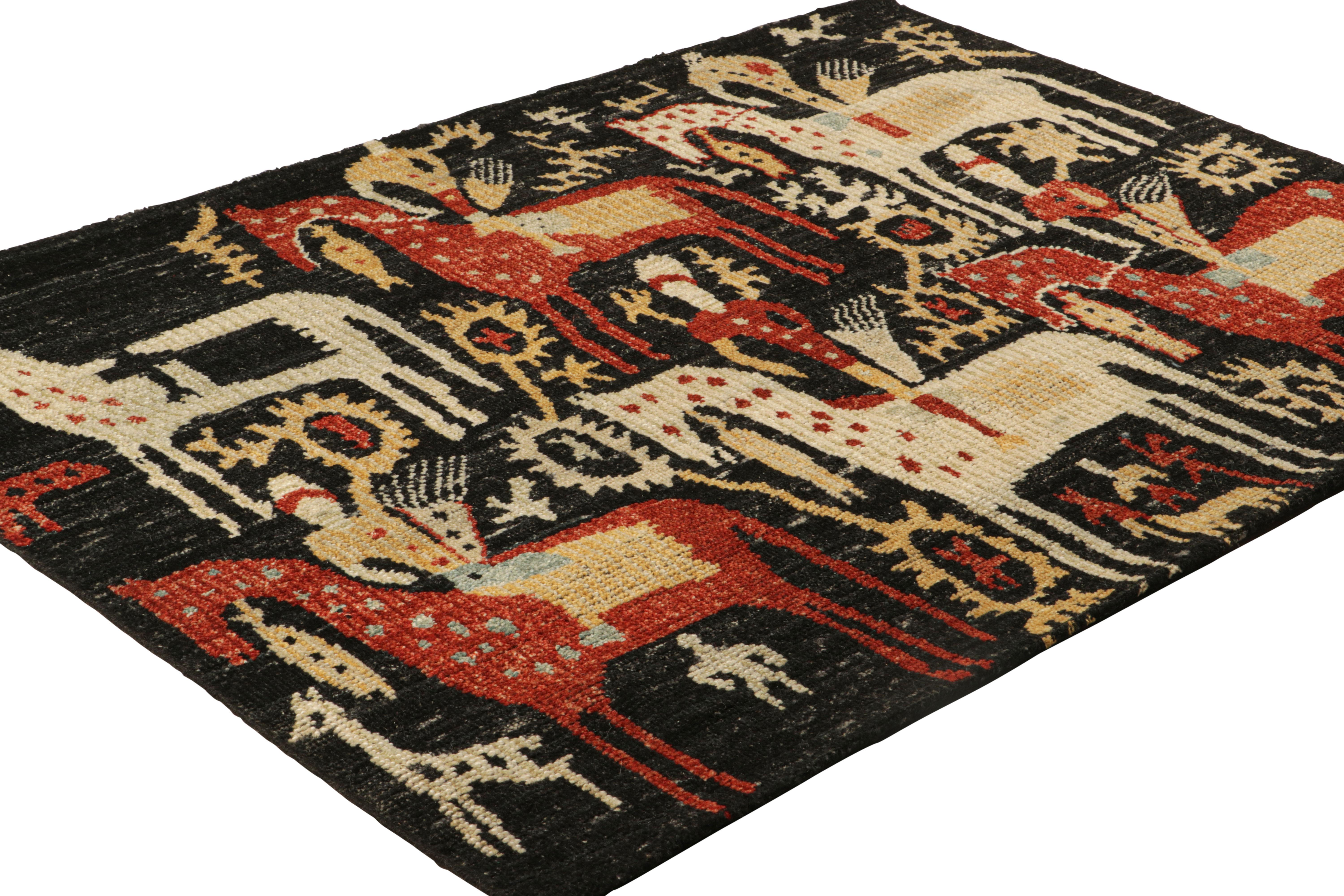Indian Rug & Kilim’s Custom Rug Design in Black with Horse and Rider Pictorials For Sale