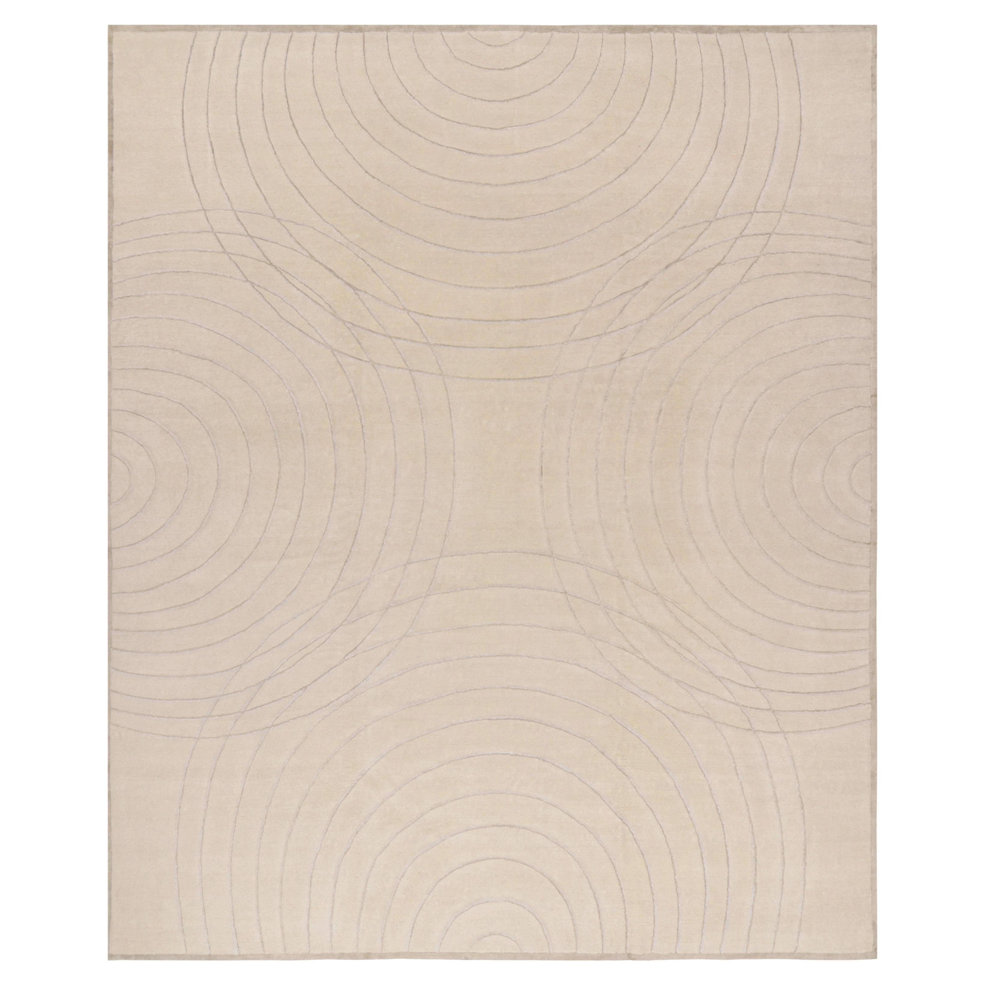 Rug & Kilim’s Custom Rug Design in Cream White with High-Low Circle Patterns For Sale