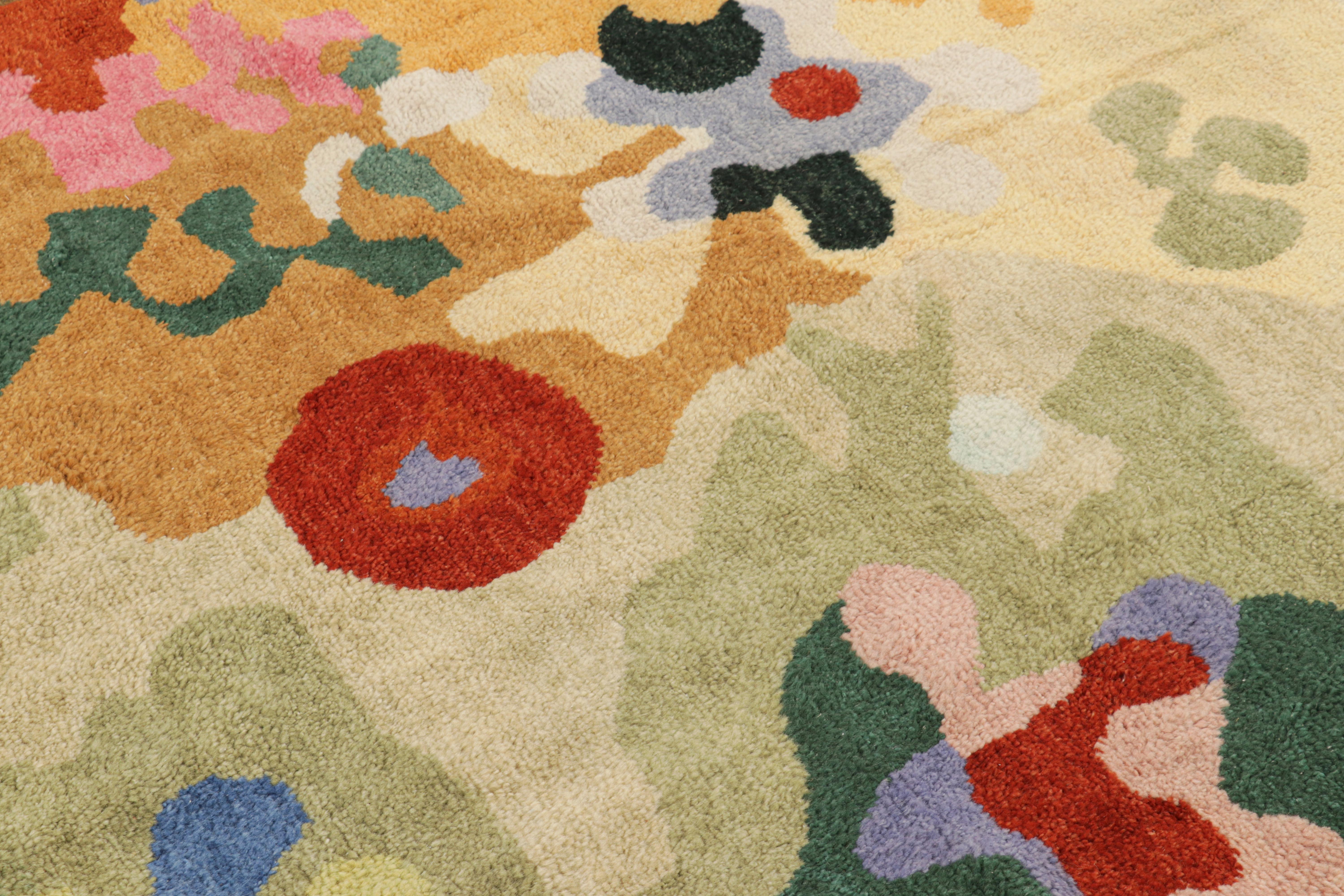 Hand-knotted in wool, this 5x7 modern abstract custom rug design features colorful abstract geometric patterns of painterly sensibilities.  
 
On the Design: 

These photos represent a recently sold 5x7 rug in this design, itself a very modern,