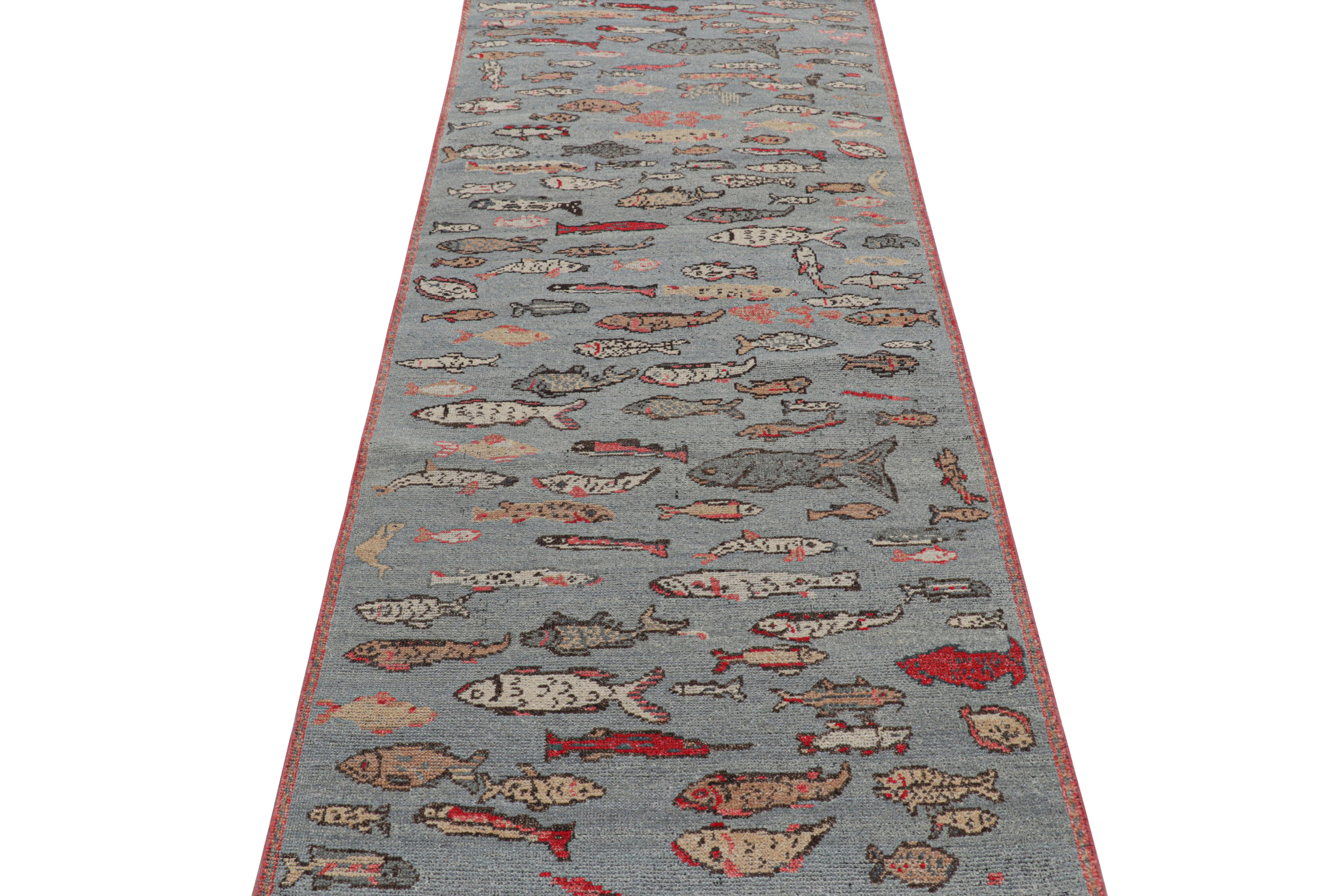 Hand-Woven Rug & Kilim’s Custom Runner Rug in Blue with Colorful Fish Pictorials For Sale