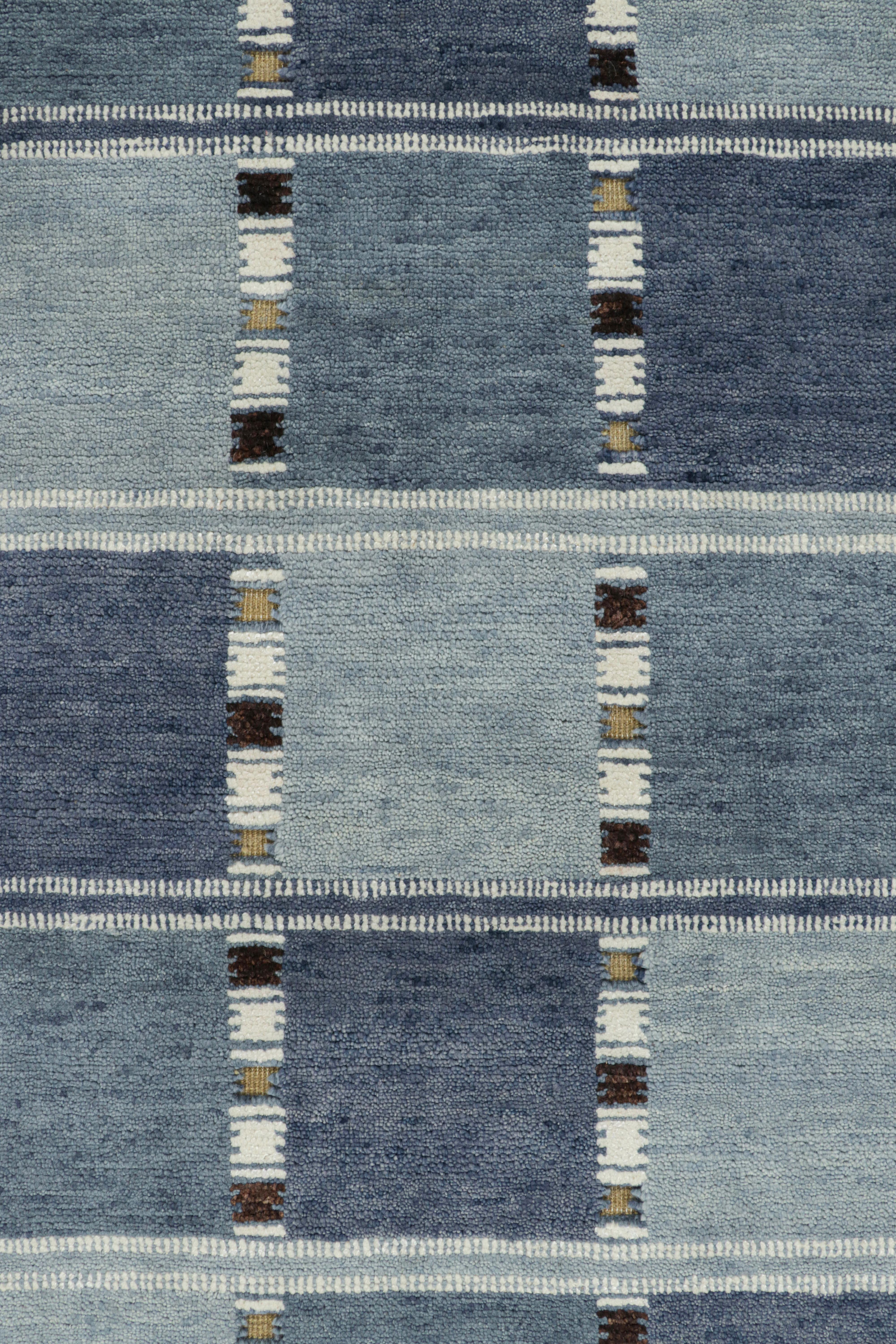 Modern Rug & Kilim’s Custom Scandinavian Style Rug Design with Blue Geometric Patterns For Sale