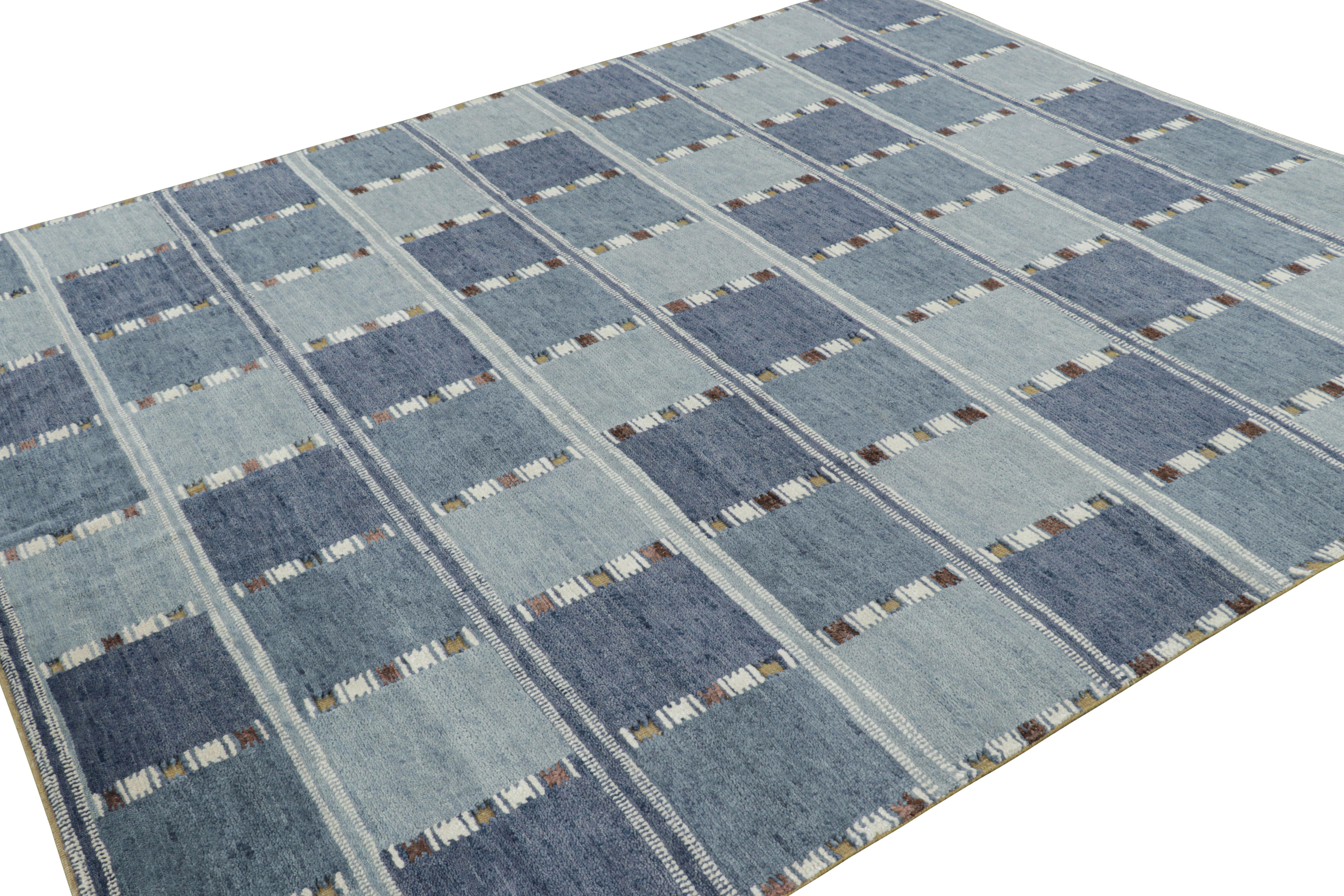 Indian Rug & Kilim’s Custom Scandinavian Style Rug Design with Blue Geometric Patterns For Sale