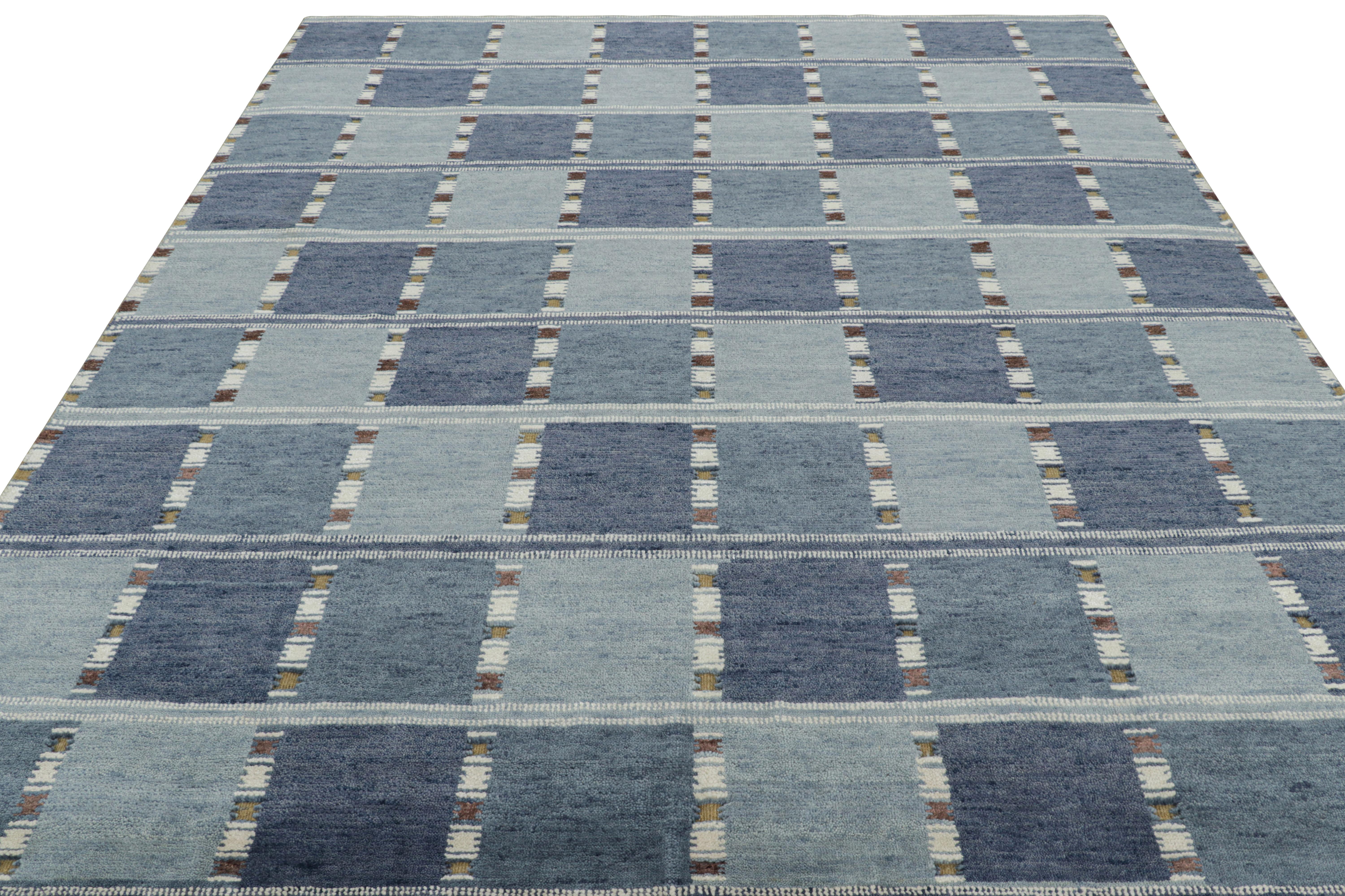 Hand-Knotted Rug & Kilim’s Custom Scandinavian Style Rug Design with Blue Geometric Patterns For Sale