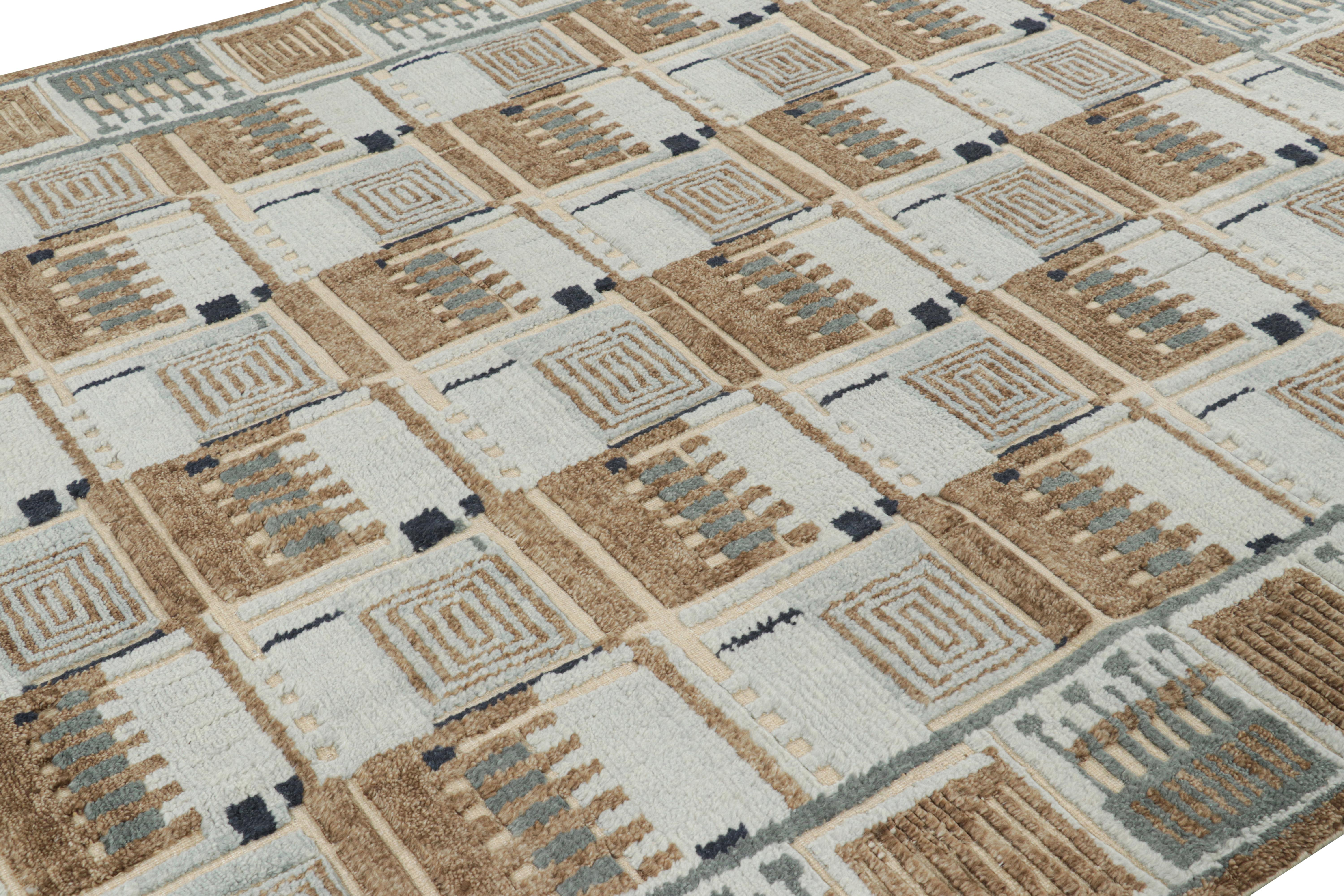 This 8x10 custom rug design represents hand-knotted pile rugs in the award-winning Scandinavian rug collection by Rug & Kilim—a contemporary ode to mid-century modern Swedish minimalist rugs and tapestries of the Rollakan and Rya sensibility. 

On