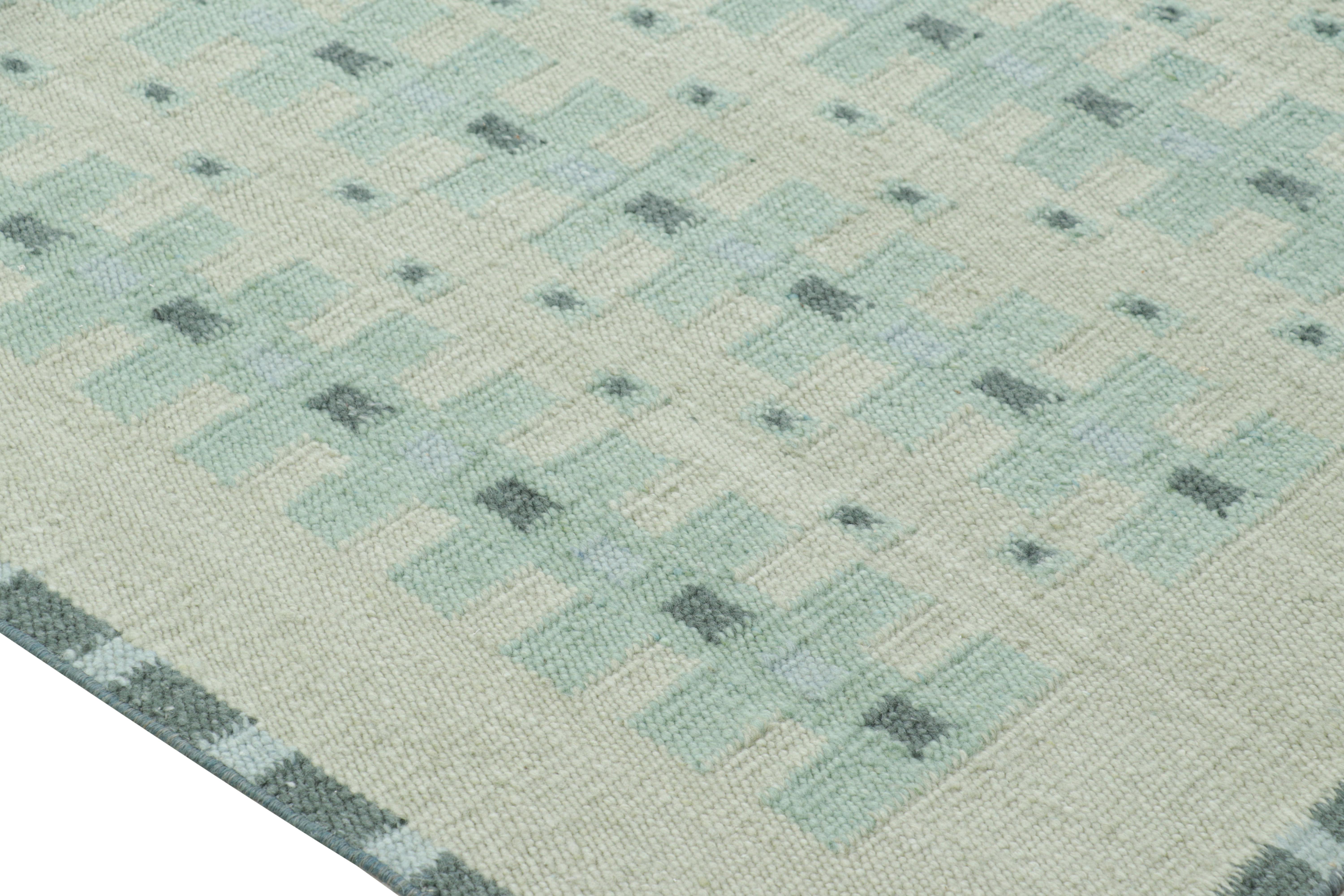 Modern Rug & Kilim’s Custom Scandinavian Style Rug Design with Teal Geometric Patterns For Sale