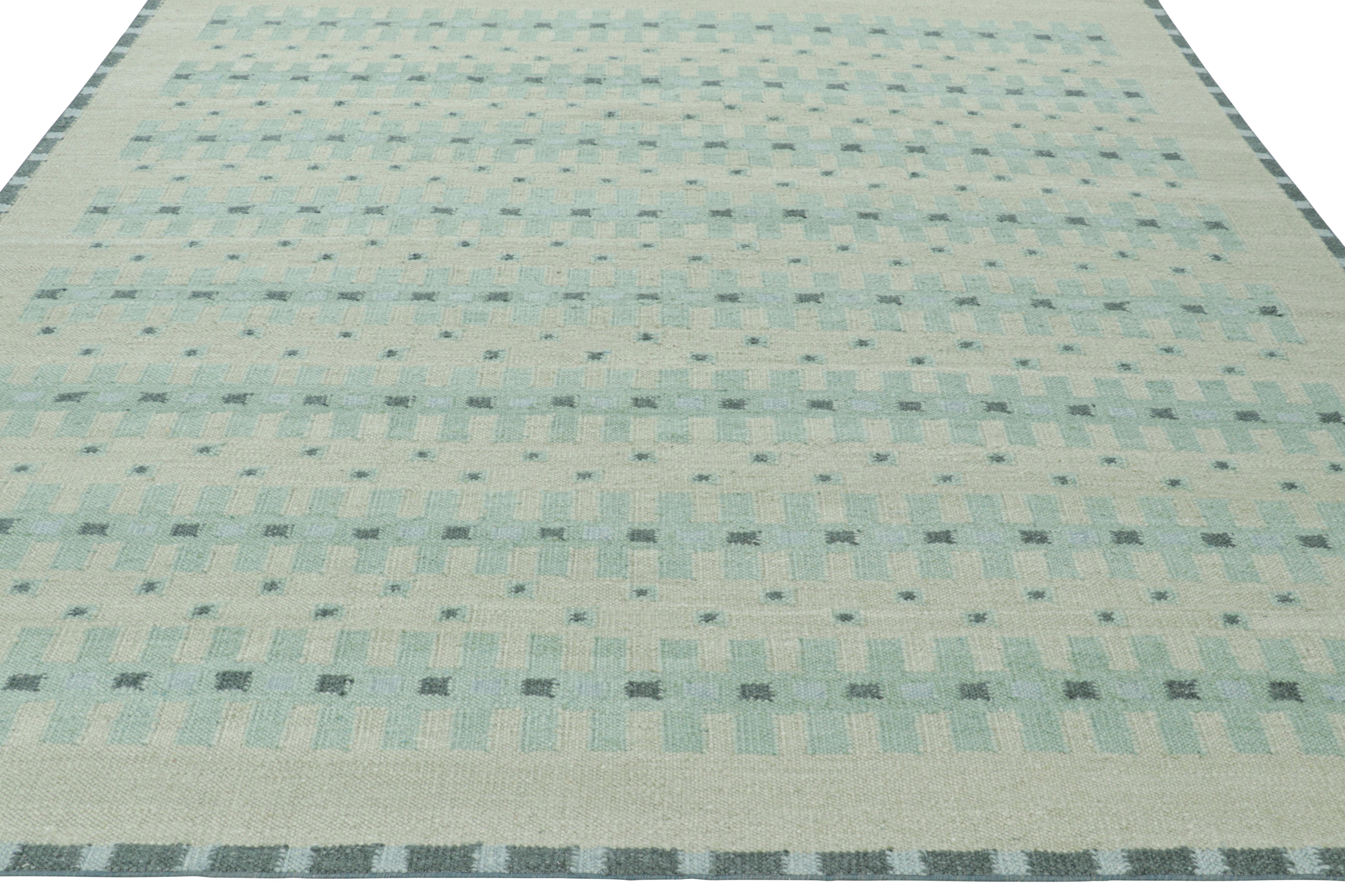 Indian Rug & Kilim’s Custom Scandinavian Style Rug Design with Teal Geometric Patterns For Sale