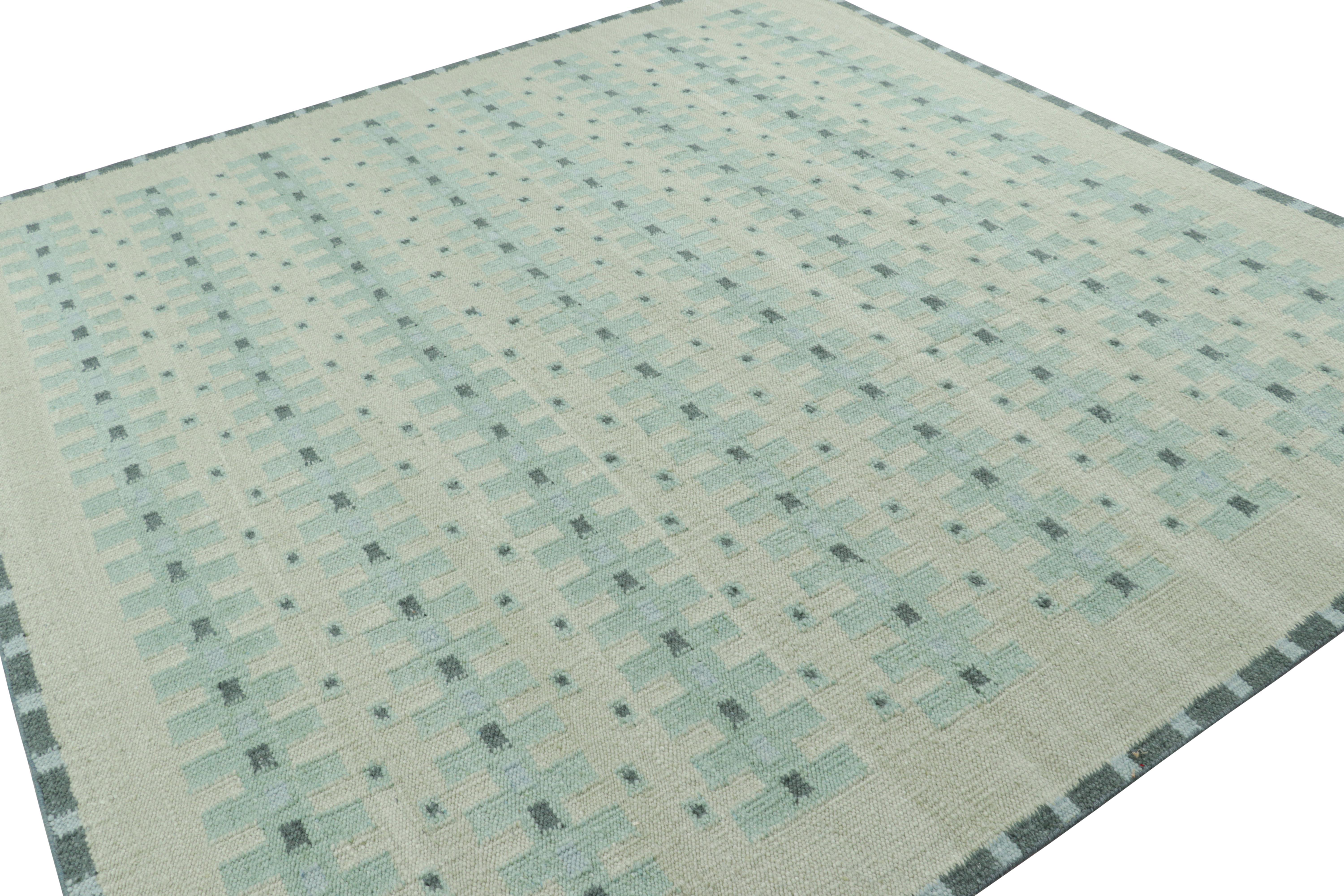 Hand-Knotted Rug & Kilim’s Custom Scandinavian Style Rug Design with Teal Geometric Patterns For Sale