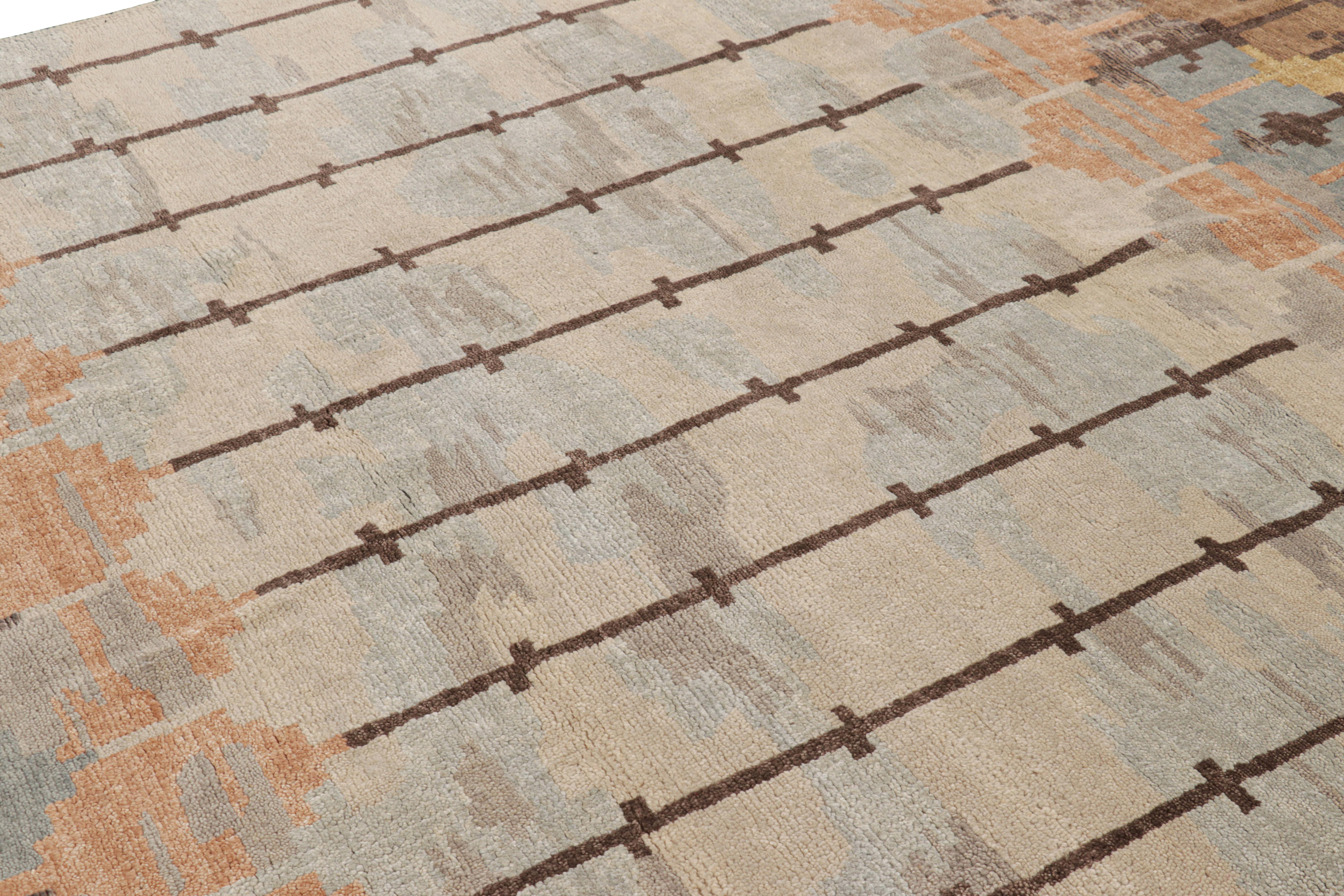 Dieser schwedische Teppich im Format 7x8 ist eine kühne Neuheit in der skandinavischen Kollektion von Rug & Kilim. Das aus Wolle handgeknüpfte Design ist von den geometrischen Mustern des schwedischen Deco-Stils inspiriert, die an Johansson