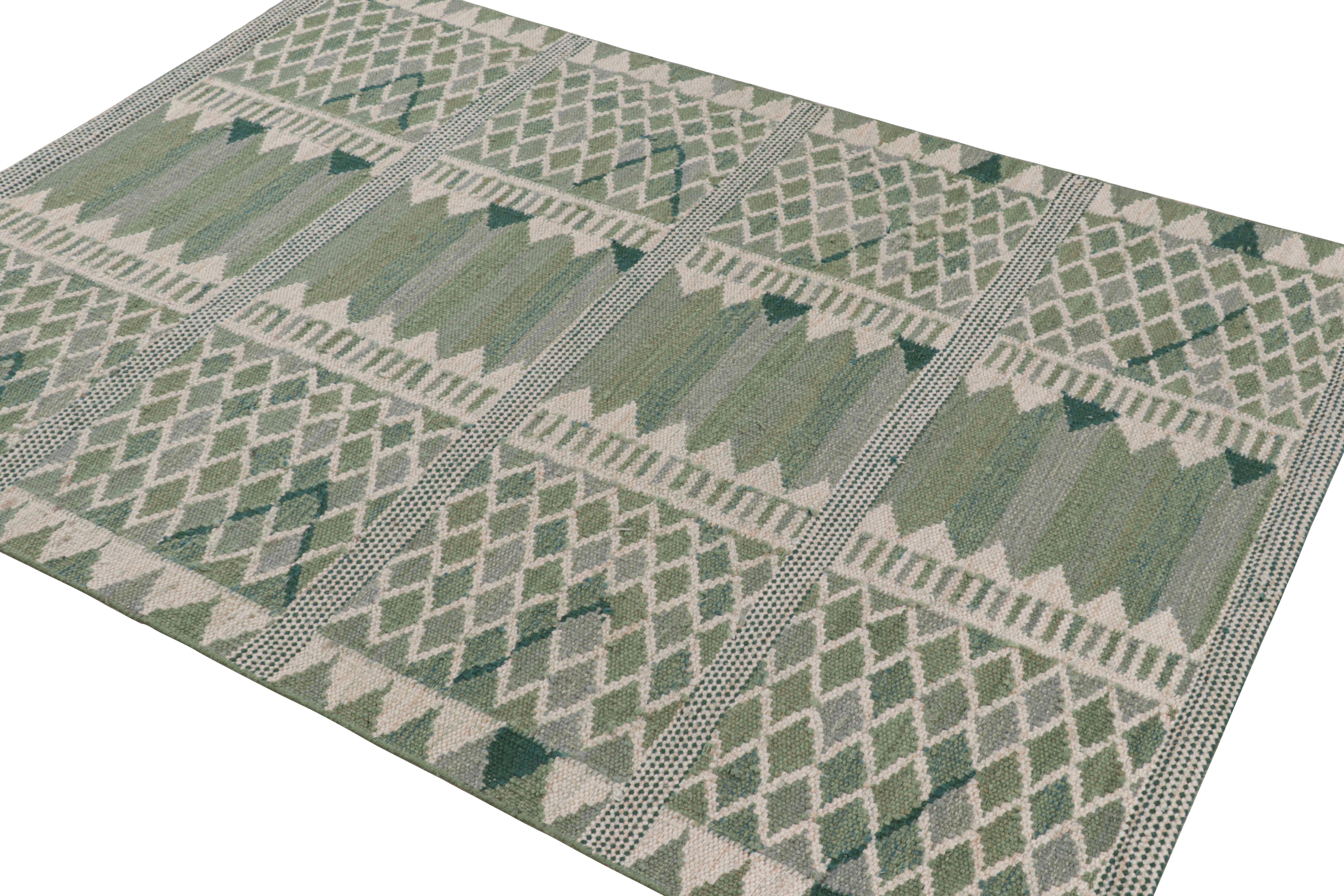 Hand-Woven Rug & Kilim’s Custom Scandinavian Style Rug in Green Geometric Patterns For Sale