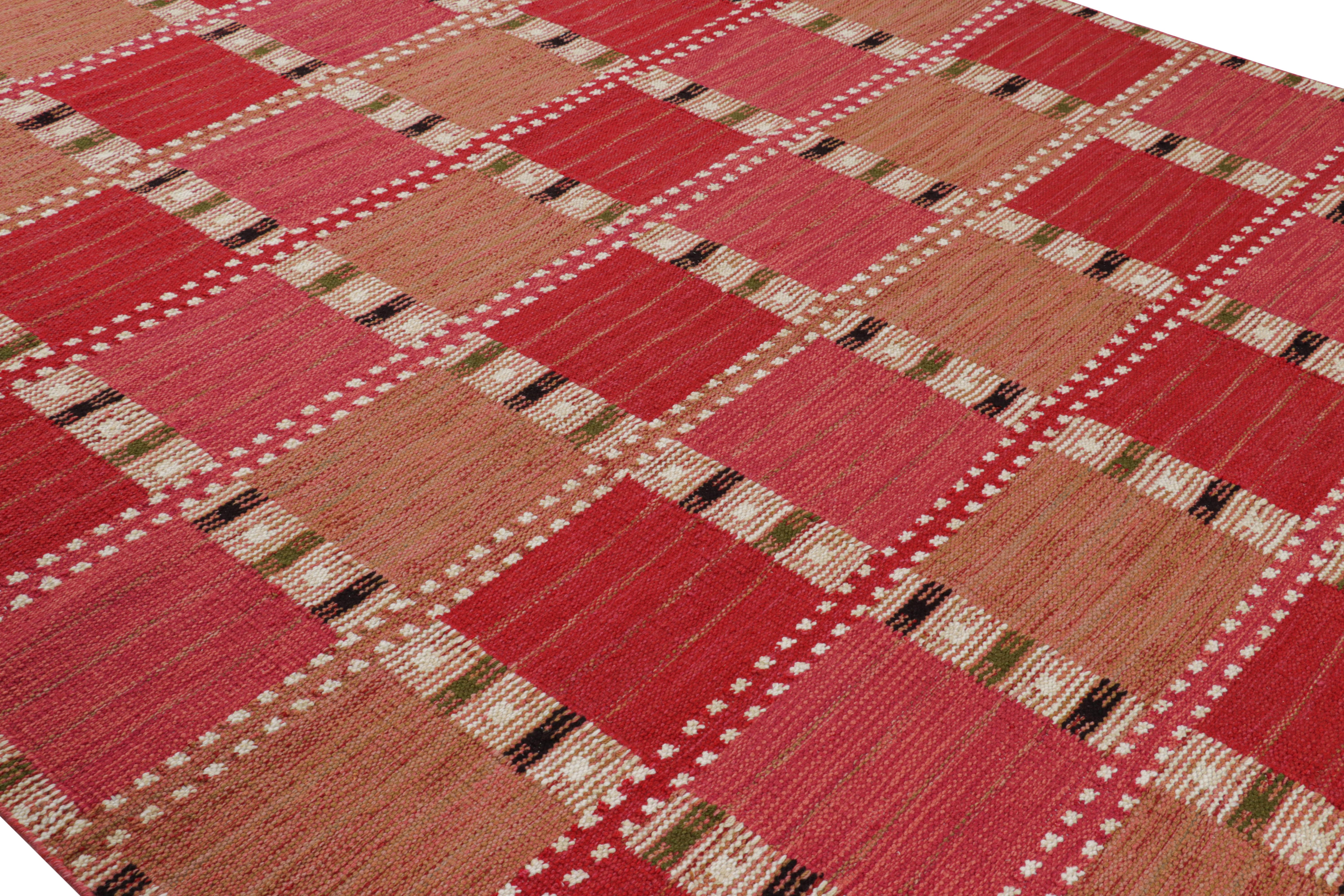 Ce tapis suédois 9x12 est un nouvel ajout audacieux à la collection scandinave de Rug & Kilim. Tissé à la main dans un tissage plat en laine avec également des fils naturels non teints, son design s'inspire des modèles minimalistes suédois.

Sur le