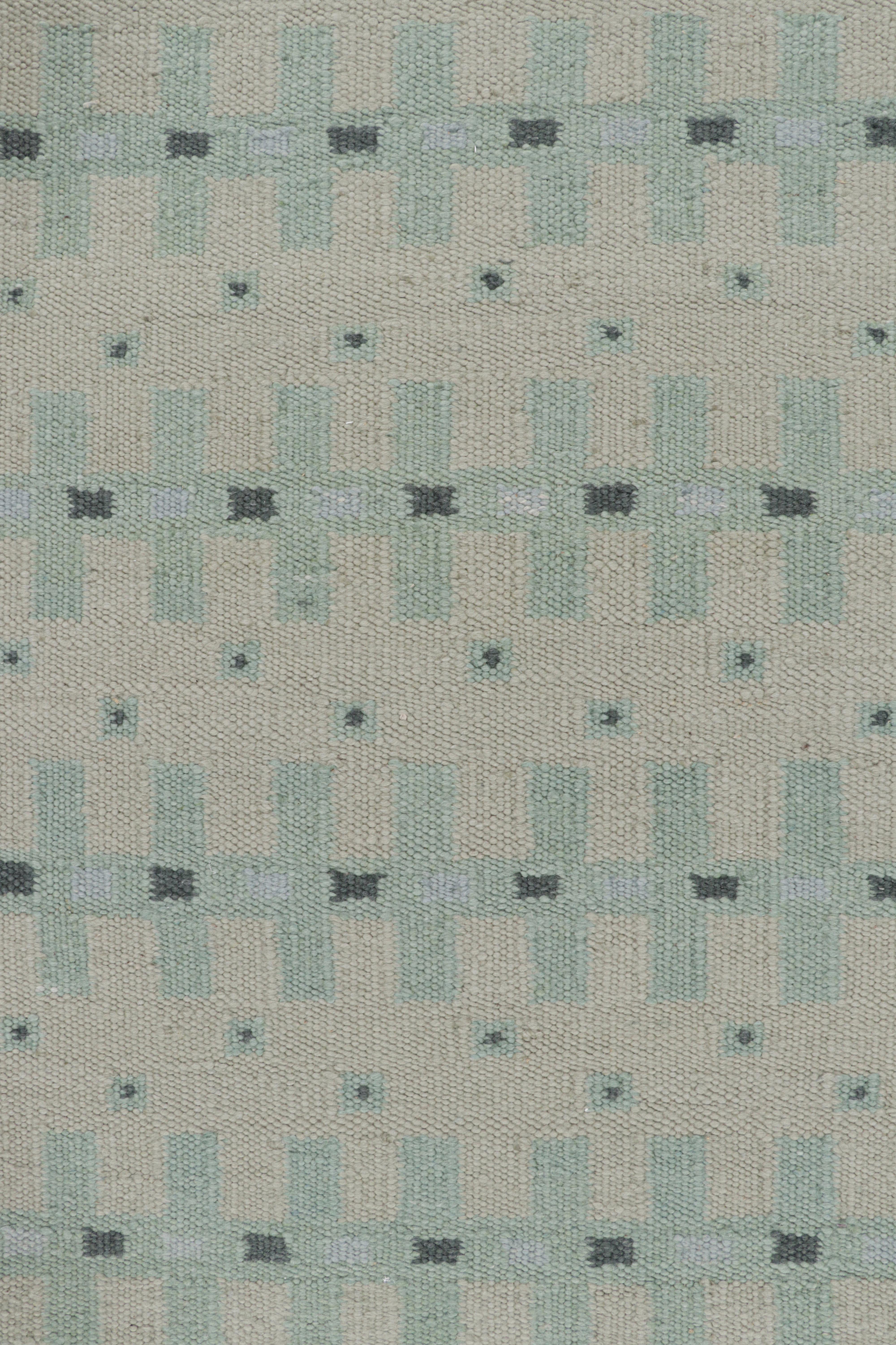 Modern Rug & Kilim’s Custom Scandinavian Style Rug with Pale Teal Geometric Patterns For Sale