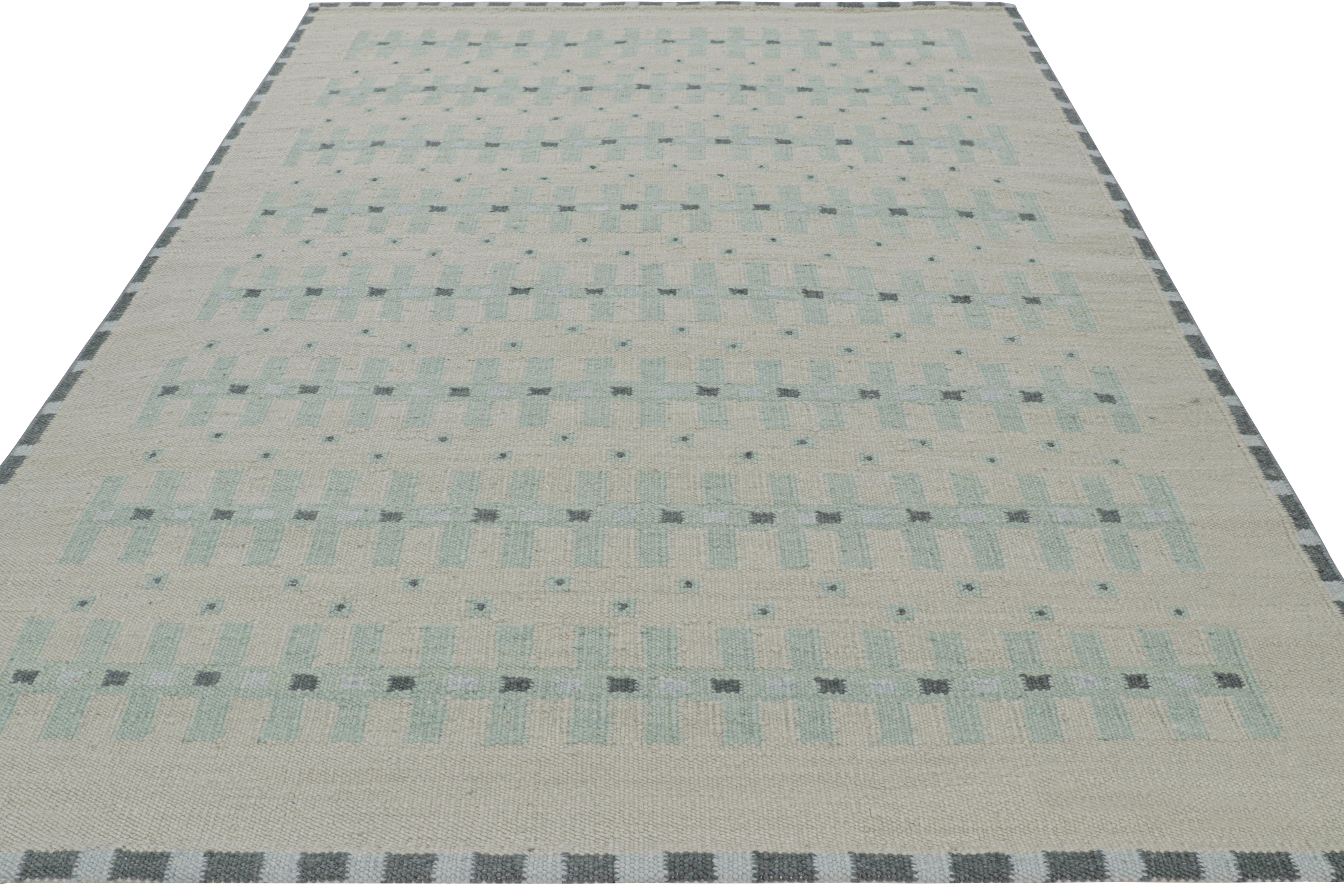 Indian Rug & Kilim’s Custom Scandinavian Style Rug with Pale Teal Geometric Patterns For Sale