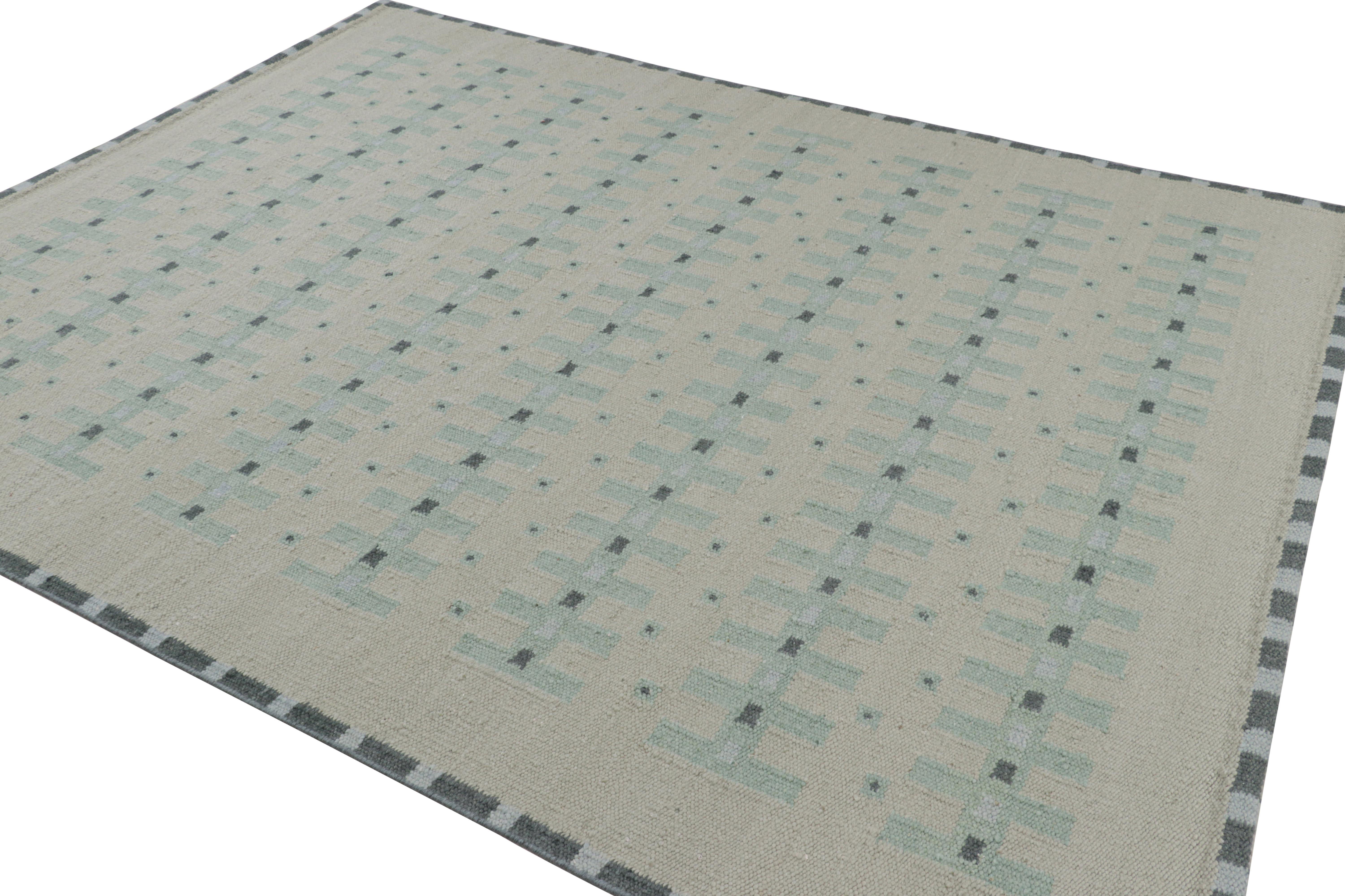 Hand-Knotted Rug & Kilim’s Custom Scandinavian Style Rug with Pale Teal Geometric Patterns For Sale