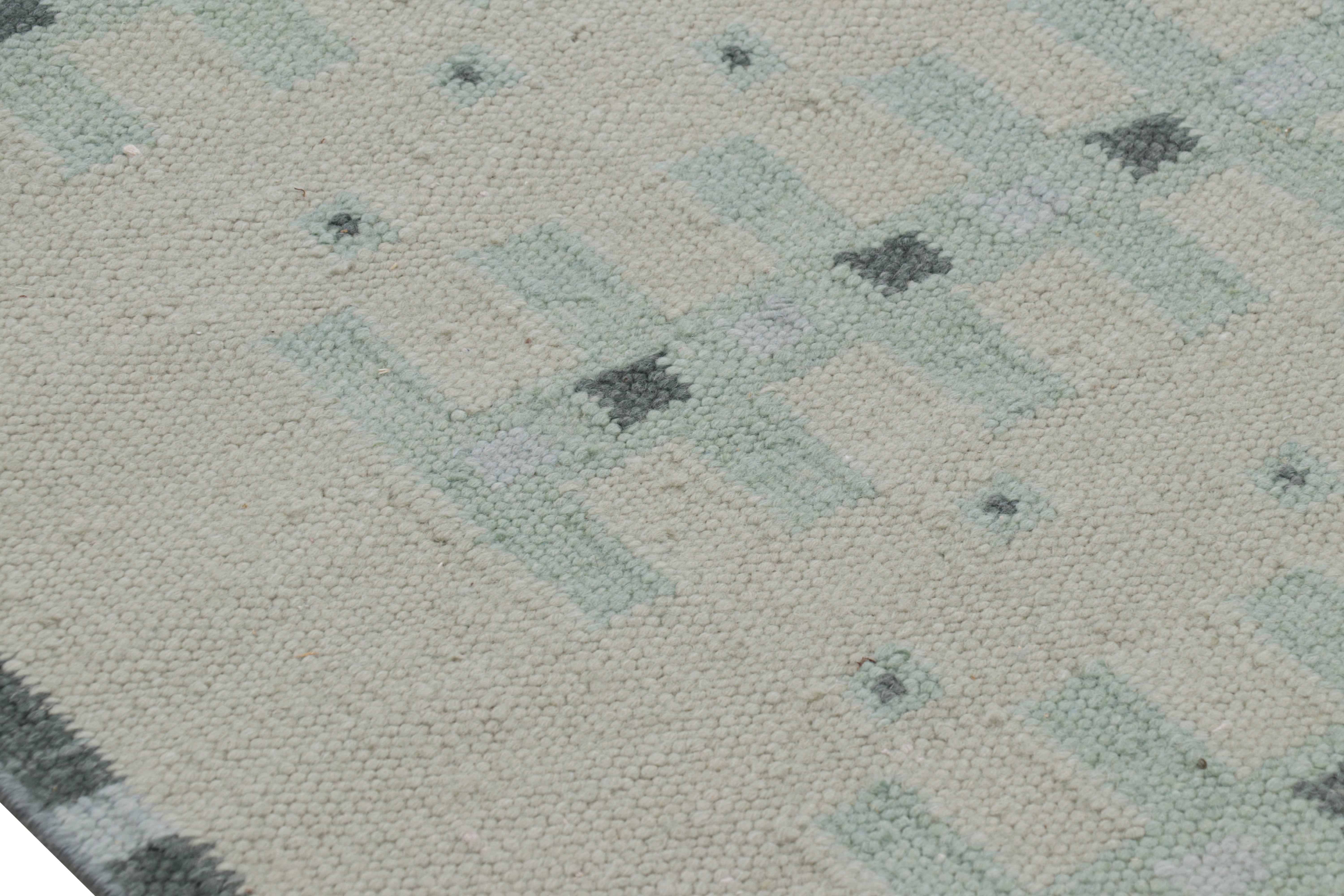 Rug & Kilim’s Custom Scandinavian Style Rug with Pale Teal Geometric Patterns In New Condition For Sale In Long Island City, NY