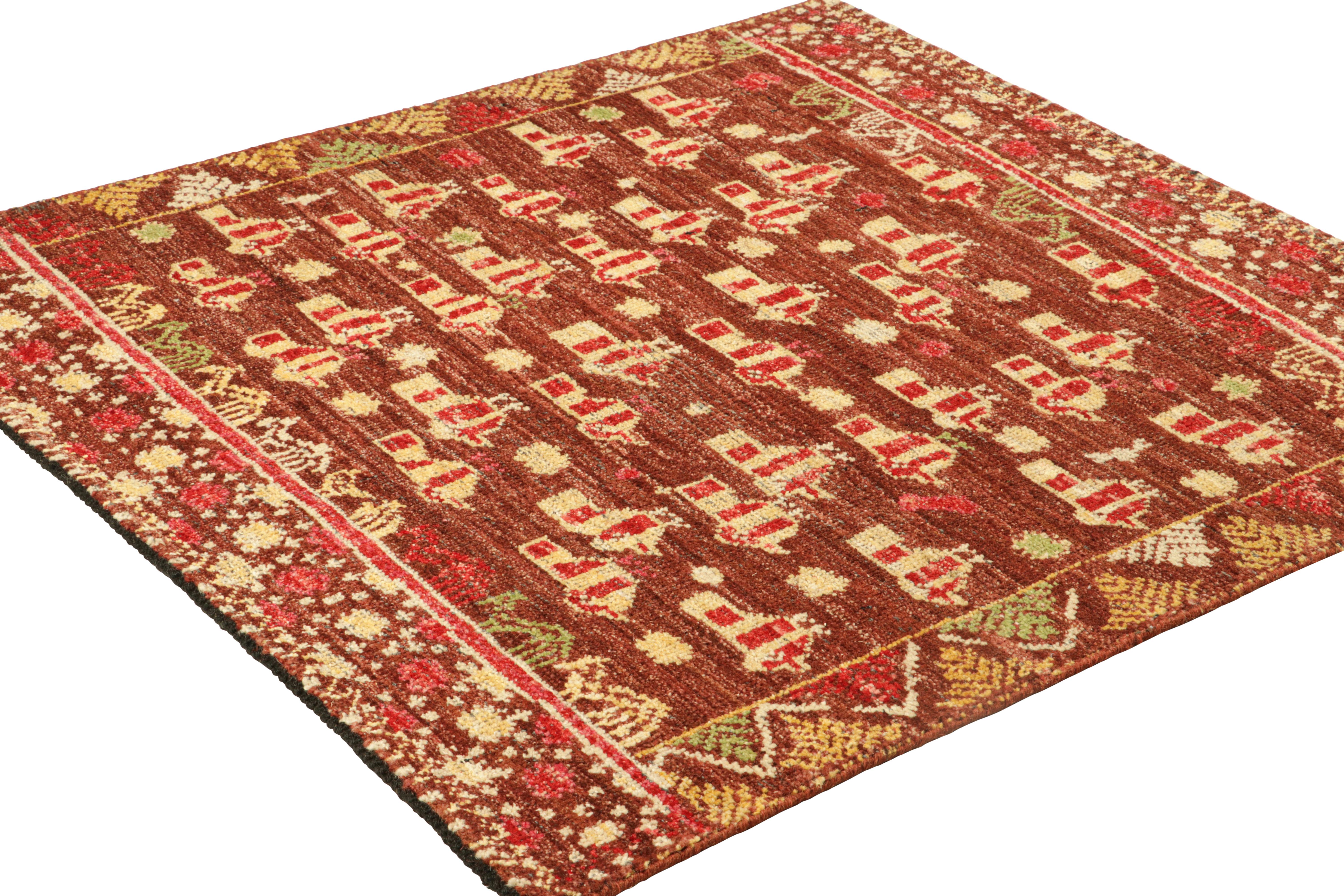Hand-Knotted Rug & Kilim’s Custom Square Rug Design with Geometric Patterns and Pictorials For Sale