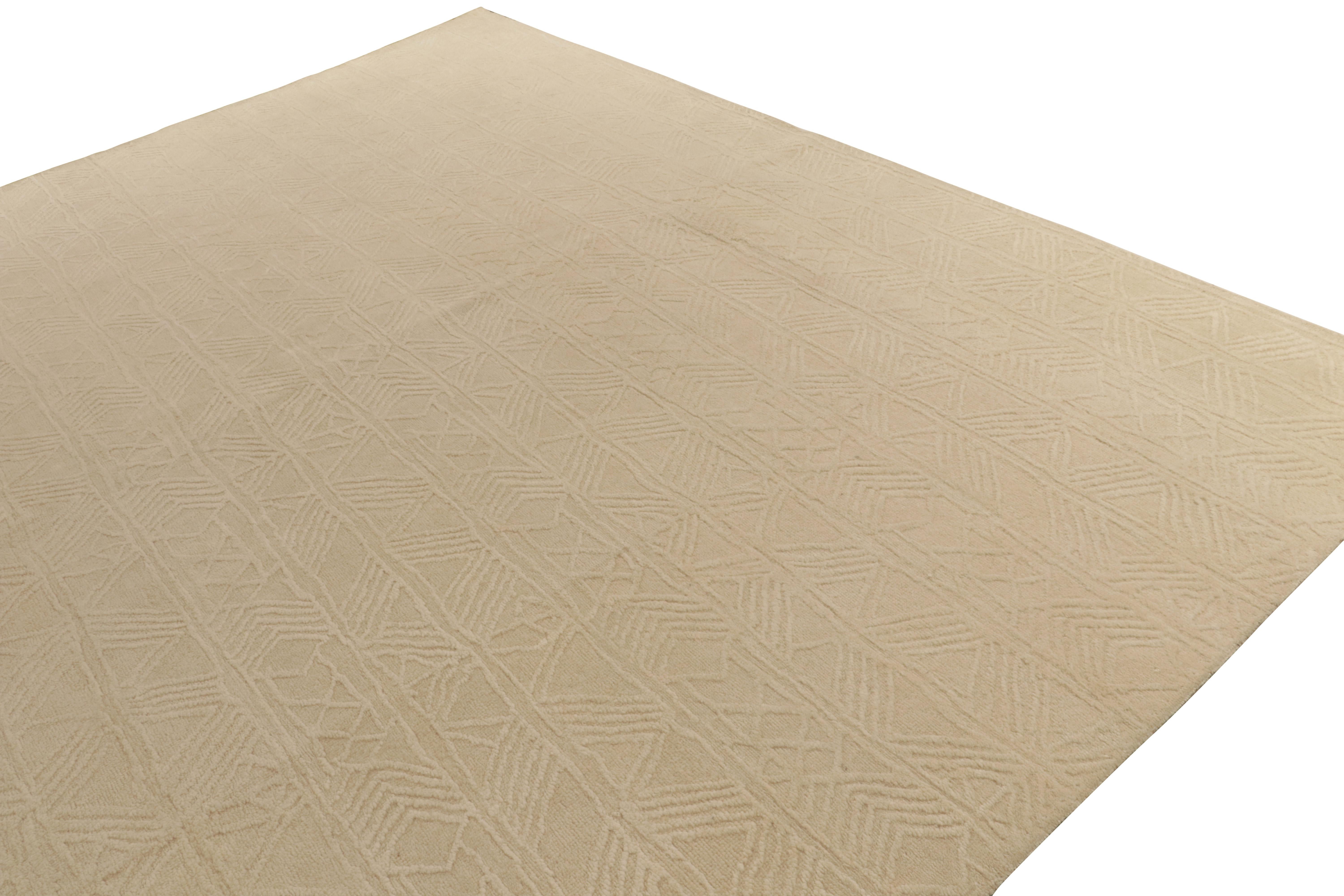 Hand-Knotted Rug & Kilim’s Custom Textural rug in White Textural Geometric Pattern on Beige For Sale