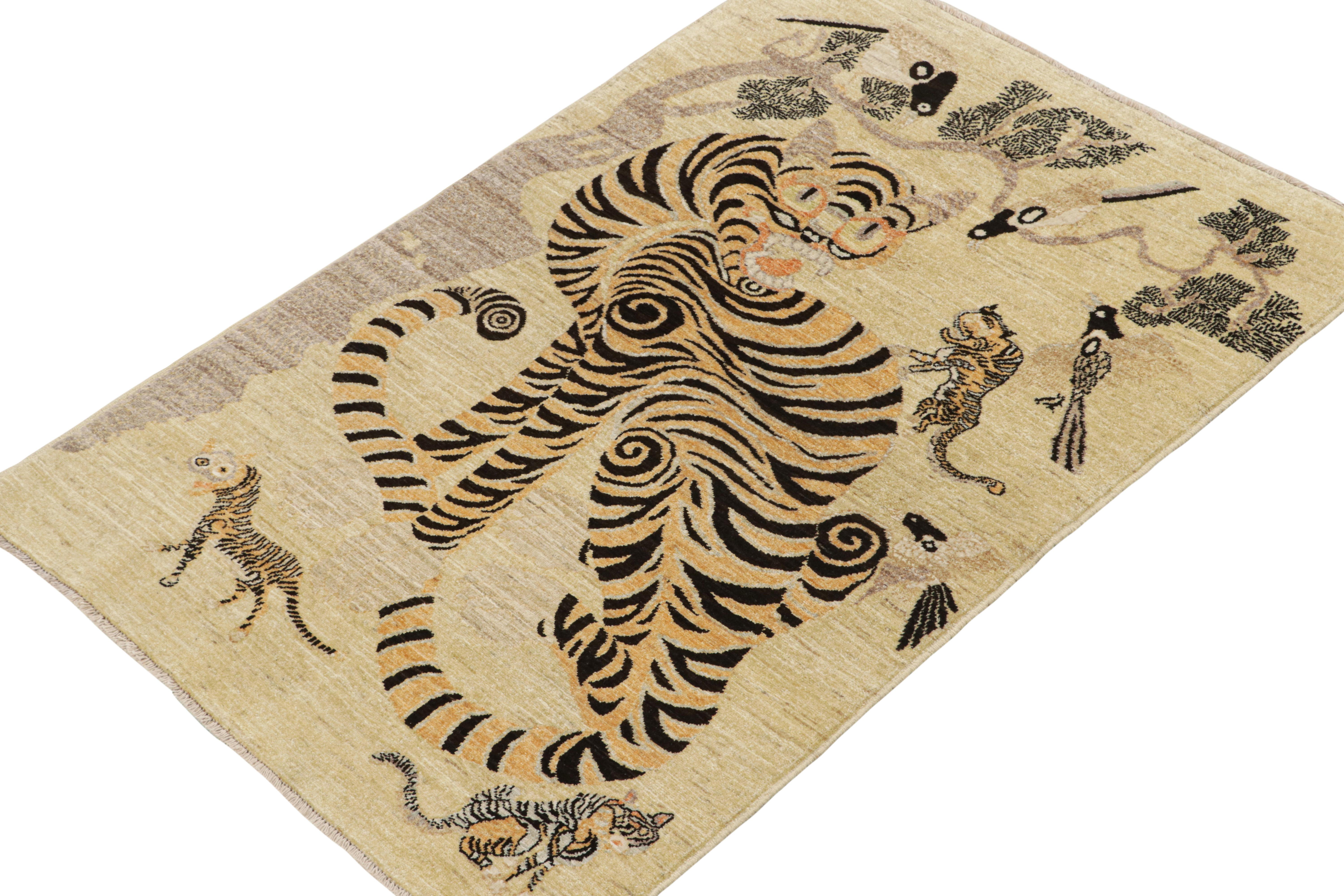 Pakistani Rug & Kilim’s Custom Tiger Rug Design in Beige with Orange & Black Pictorial For Sale