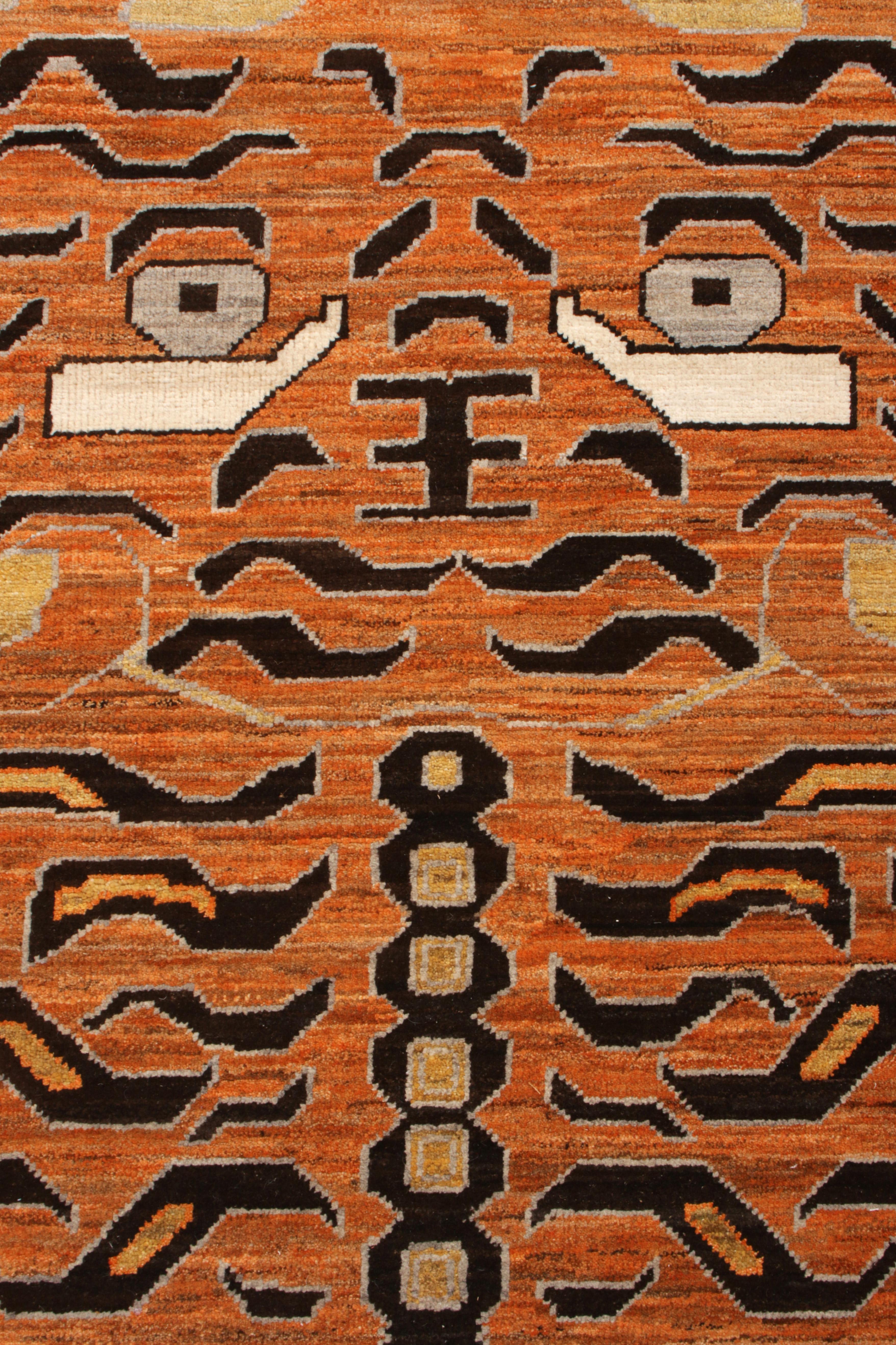 Afghan Rug & Kilim’s Custom Tiger Rug in Black Orange Pictorial Pattern For Sale